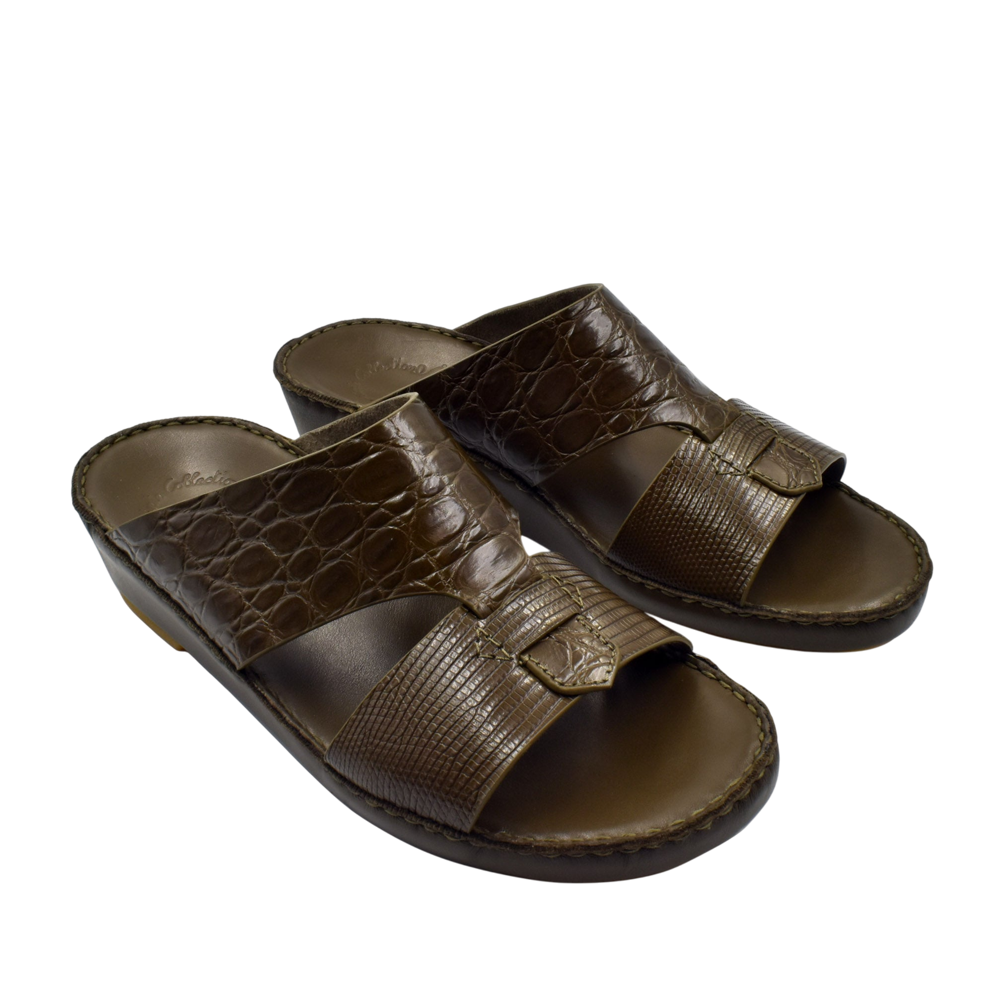 Private Collection Crocodile Lizard Leather Sandals in brown with textured straps and open toe design
