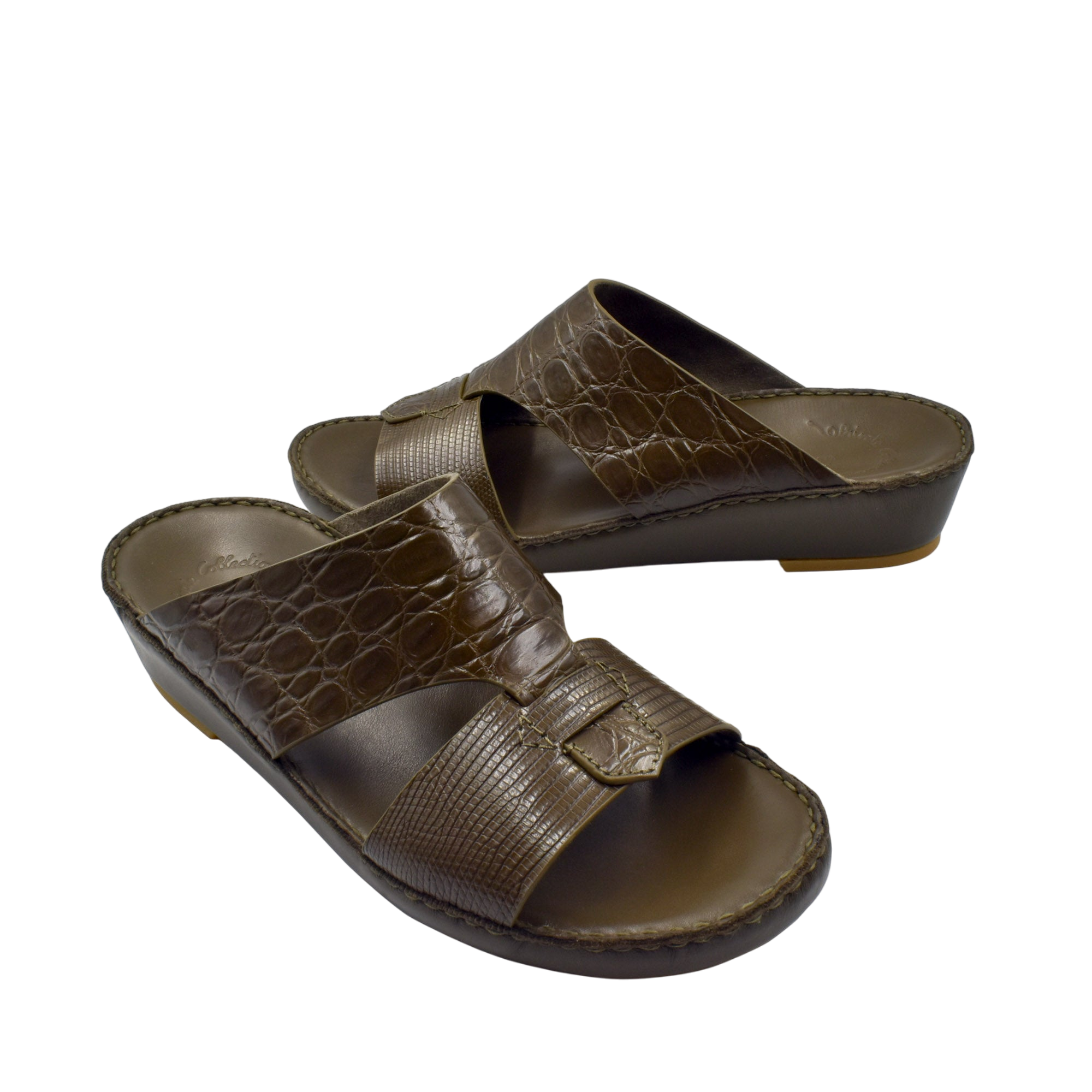 Private Collection Crocodile Lizard Leather Sandals in brown with two strap design and buckle detail