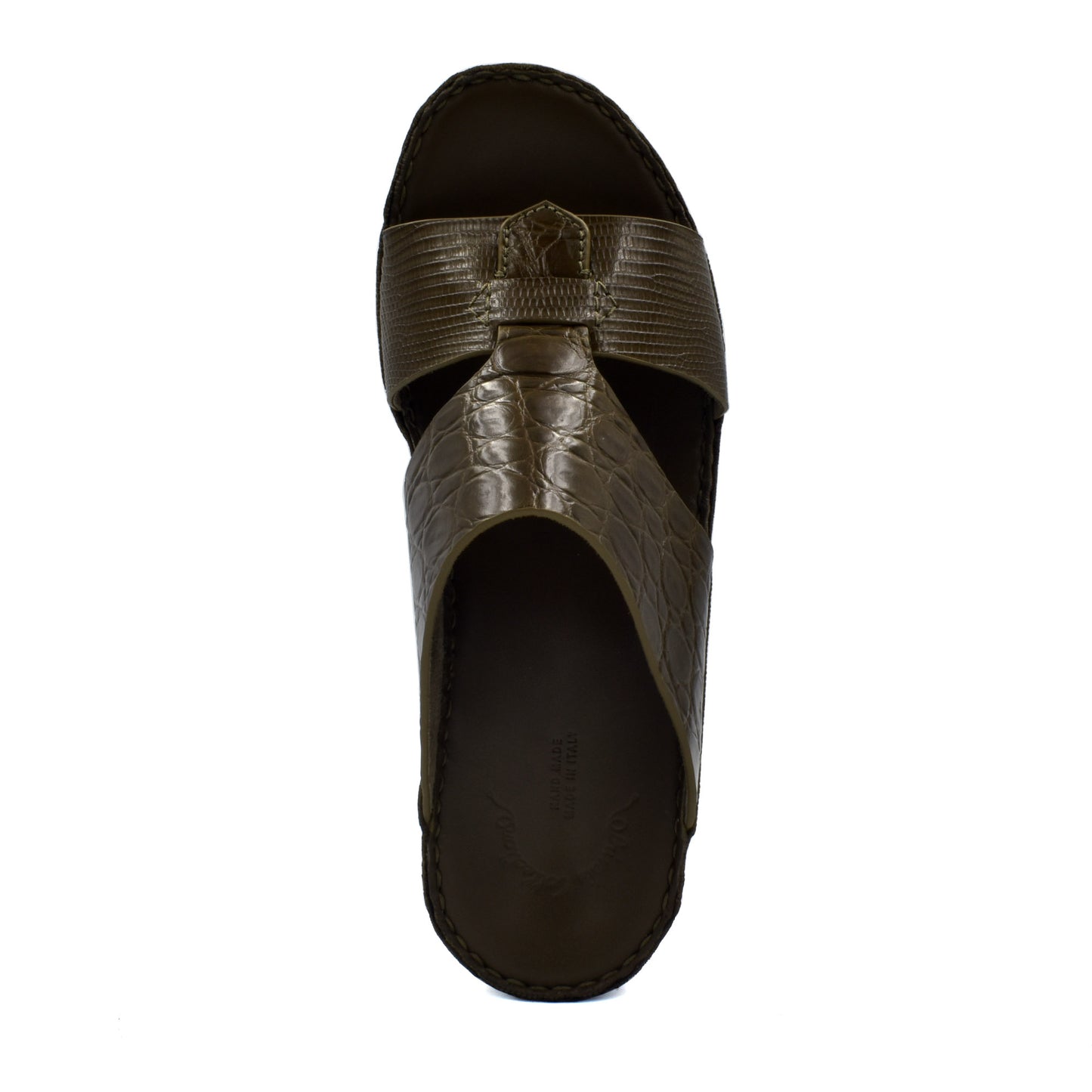Top view of brown Crocodile Lizard Leather Sandals with textured straps and cushioned sole
