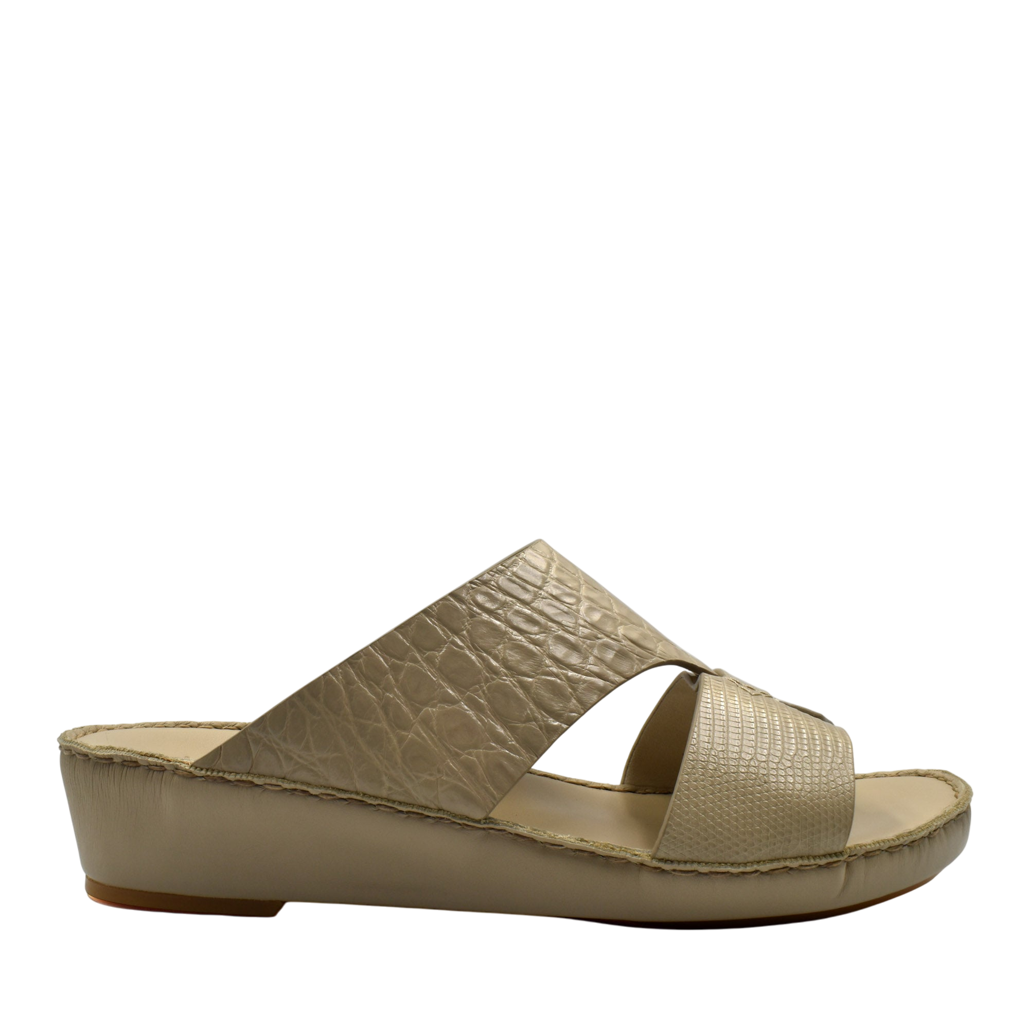 Beige Crocodile Lizard Leather Sandals with wedge sole and textured leather straps