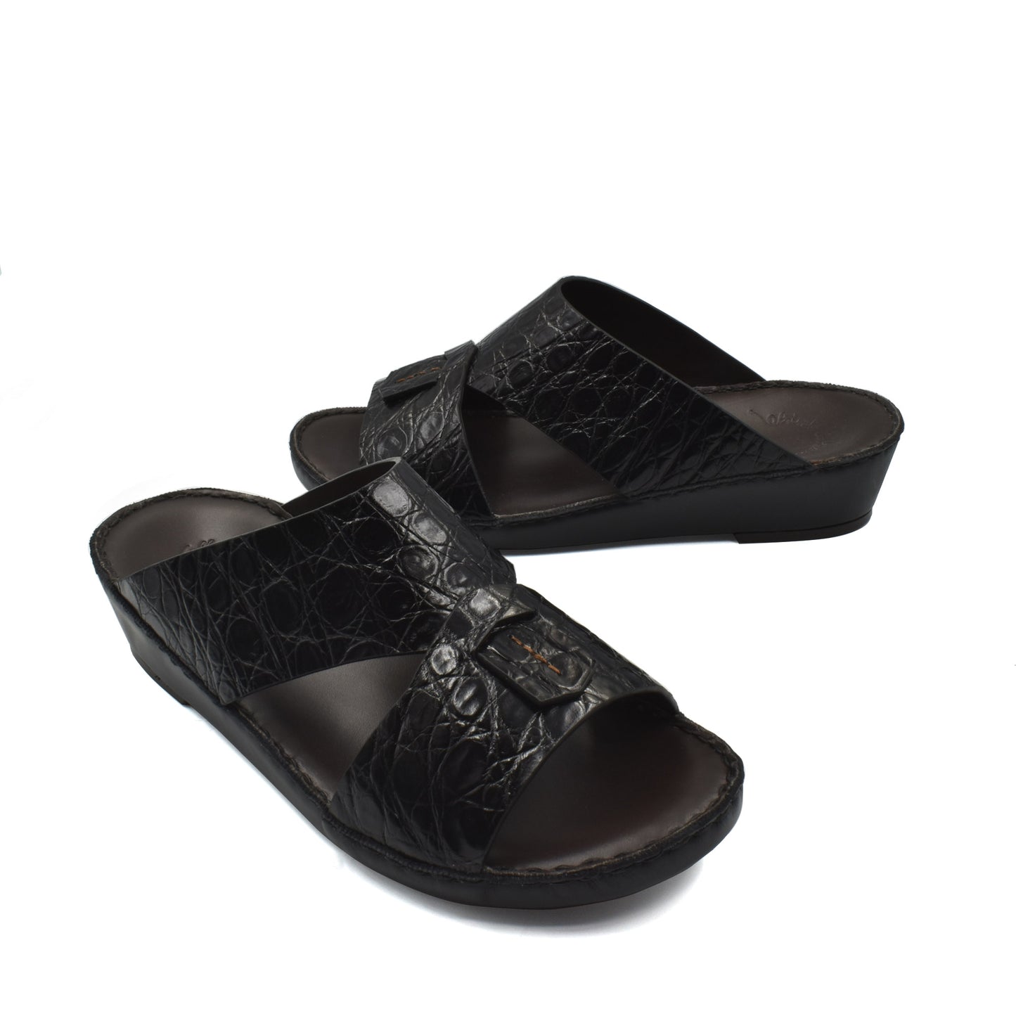 Black crocodile sandals for men with adjustable straps and cushioned soles from Private Collection