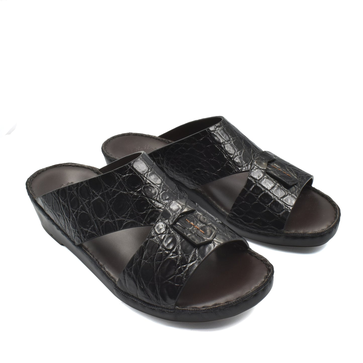 Black crocodile sandals for men with open toe design and adjustable strap by Private Collection
