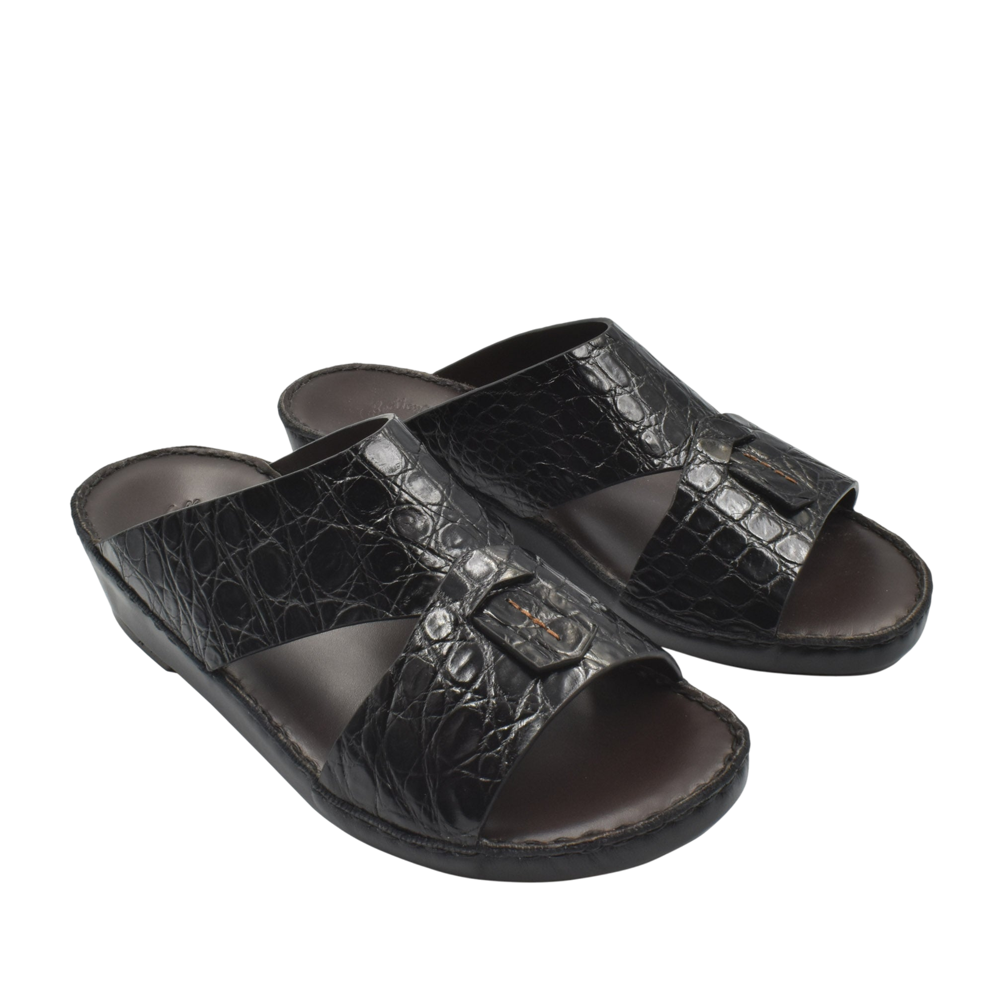Black crocodile sandals for men with open toe design and adjustable strap by Private Collection