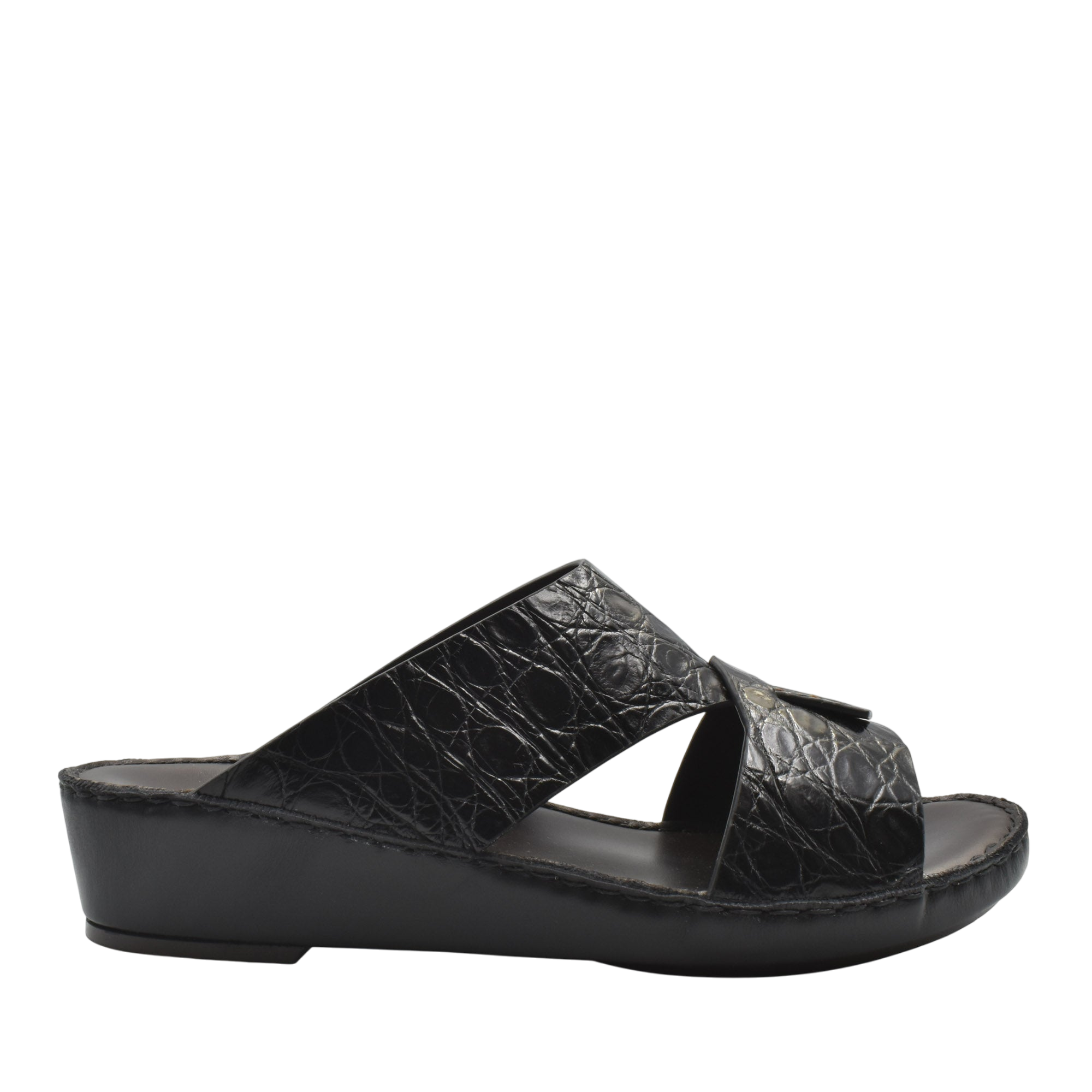 Black crocodile sandals for men with a wedge sole and open toe design from Private Collection