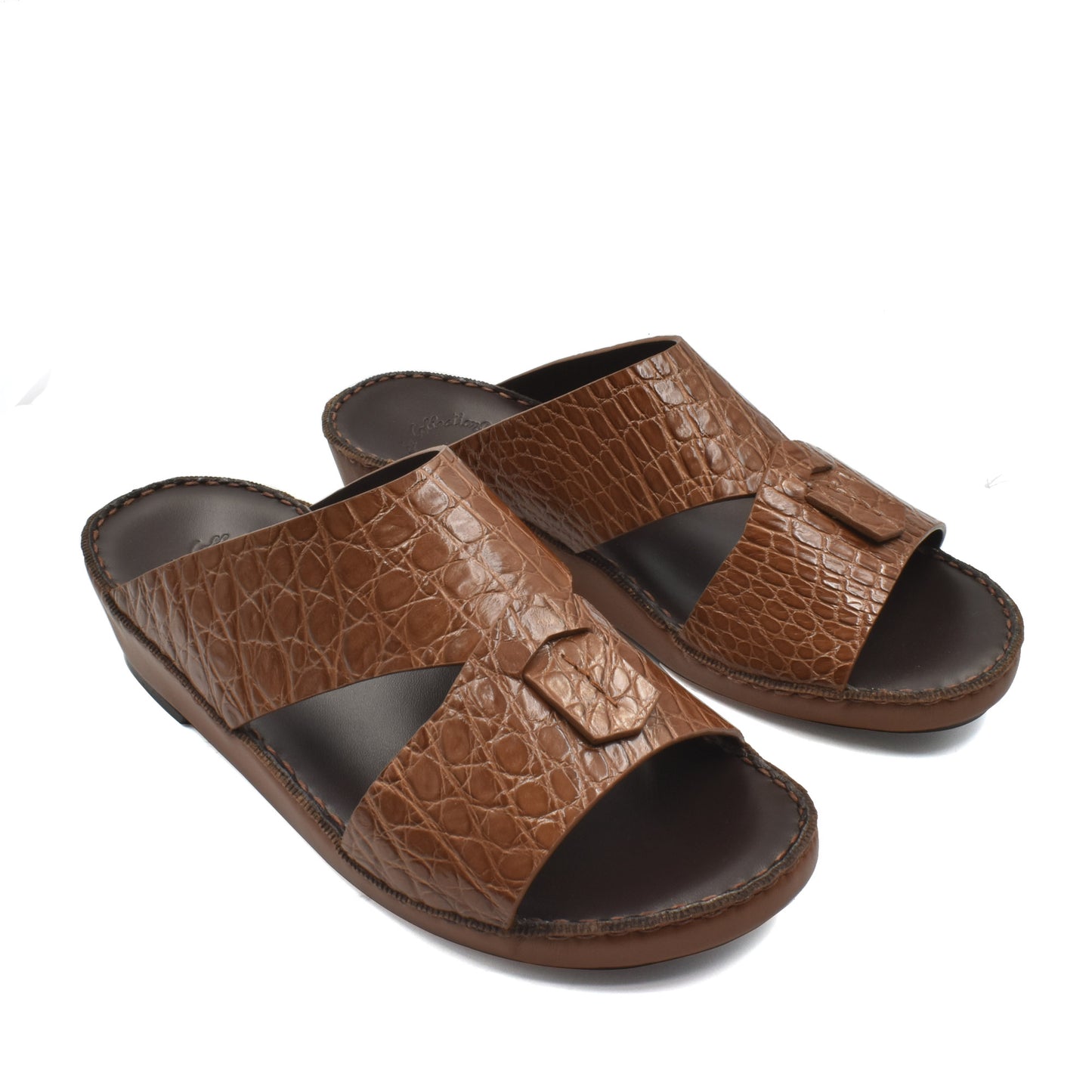 Private Collection brown crocodile sandals for men with open toe and textured leather upper