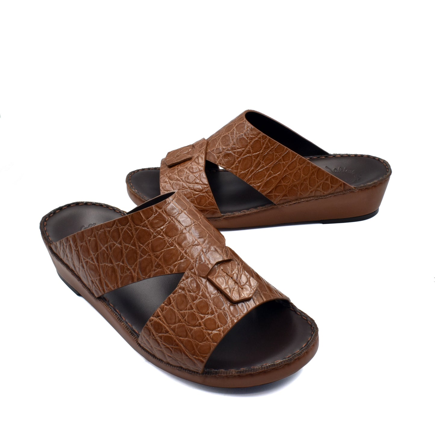 Private Collection brown crocodile sandals for men with textured leather and open toe design