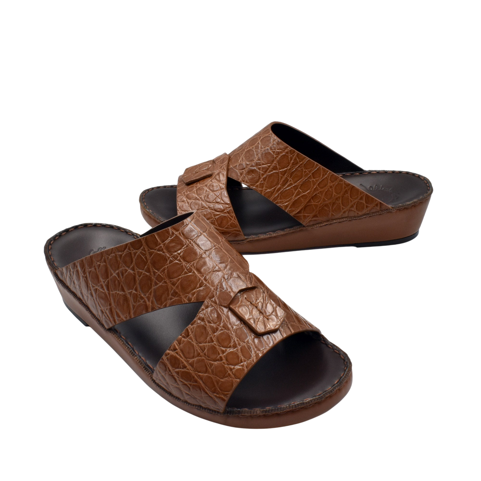 Private Collection brown crocodile sandals for men with textured leather and open toe design