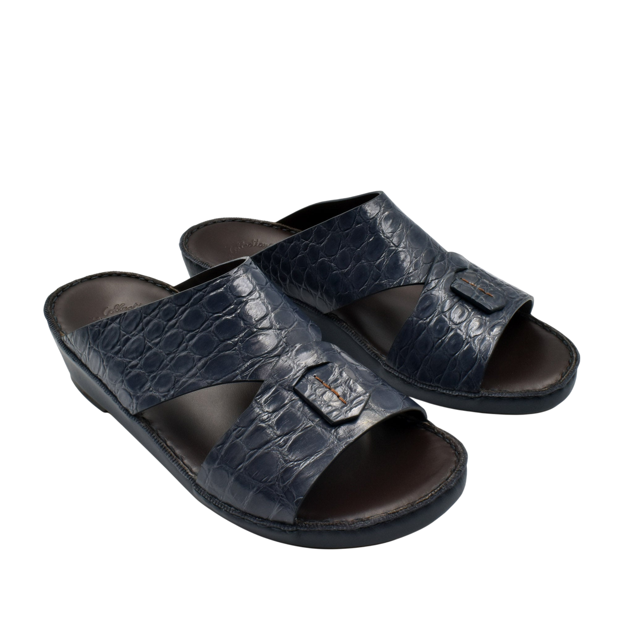 Private Collection crocodile sandals for men in dark blue leather with open toe and buckle detail
