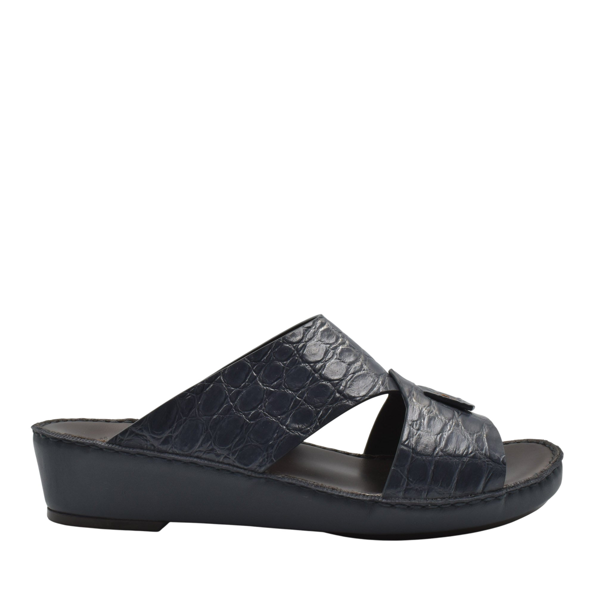 Black crocodile sandals for men with open toe and comfortable wedge sole from Private Collection