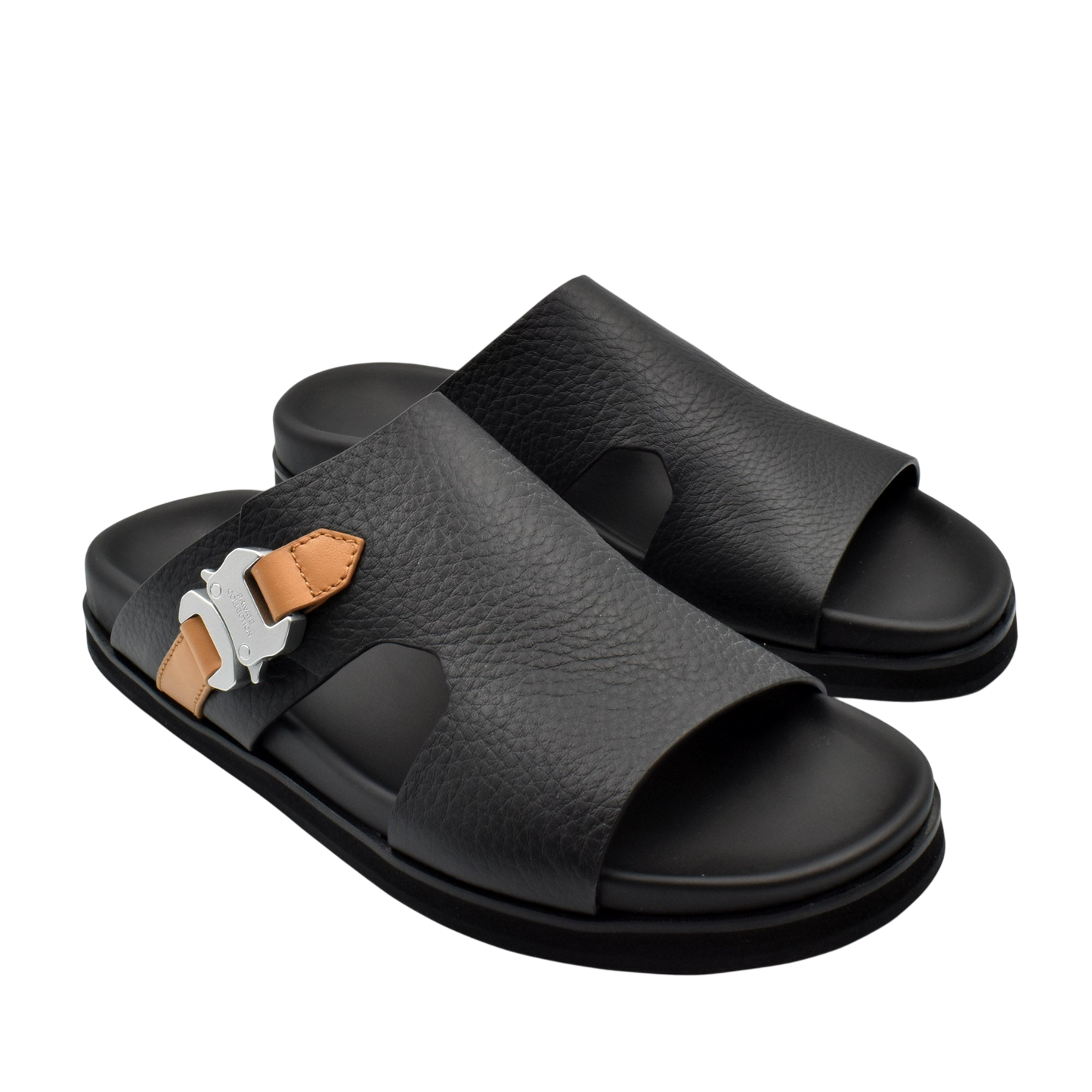 Private Collection black deercalf contrast sandal with tan and silver buckle on side