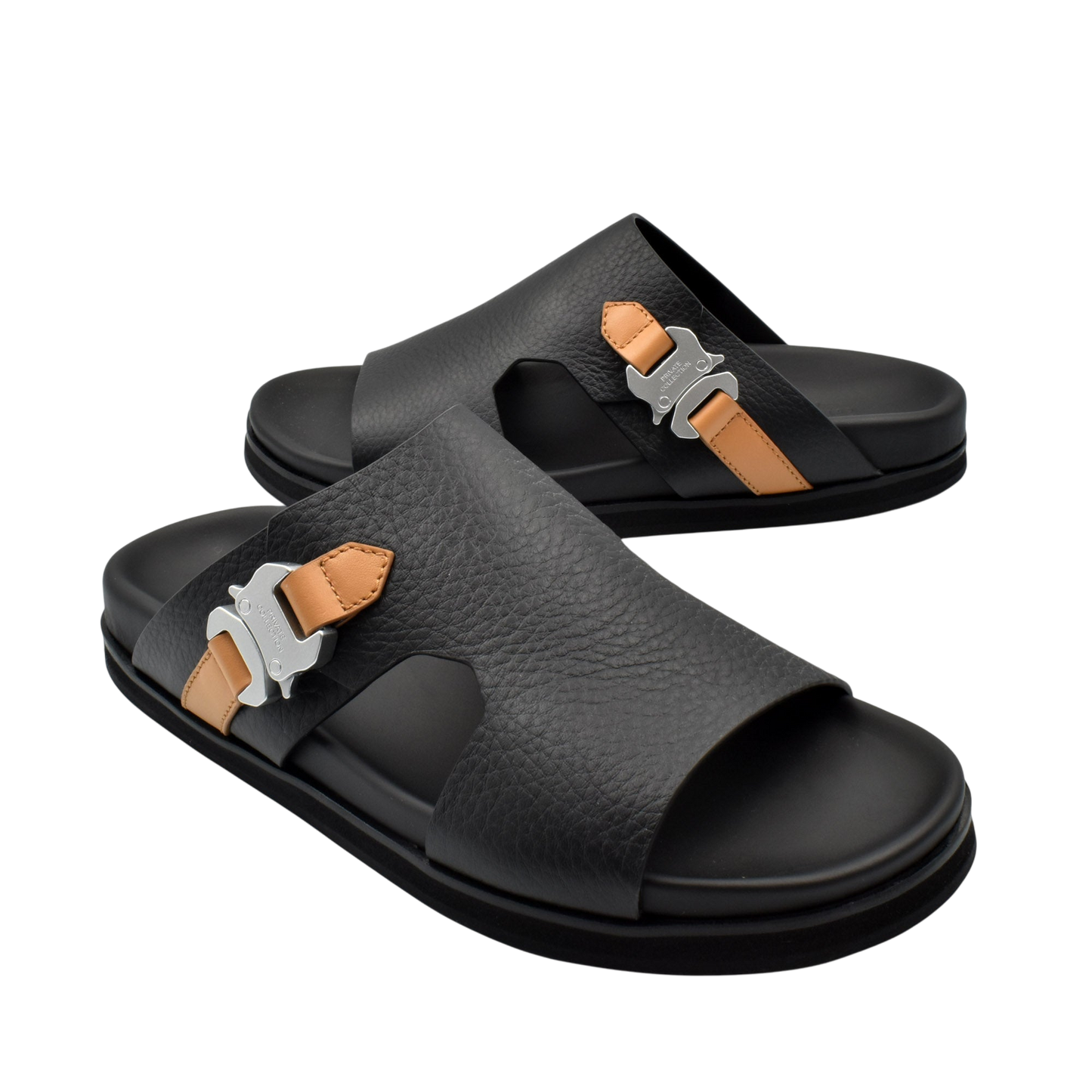 Private Collection black deercalf contrast sandal with tan strap and silver buckle on white background