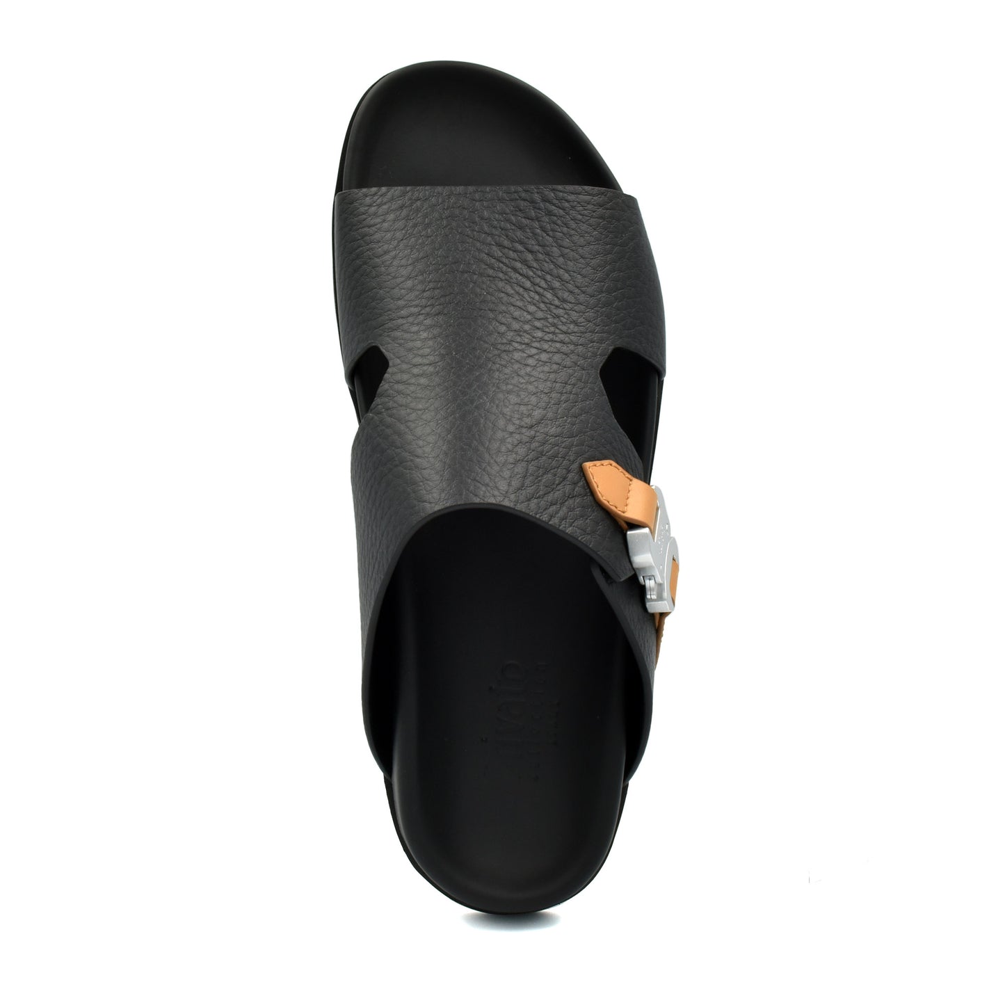 Private Collection black leather deercalf contrast sandal with tan accent and silver buckle