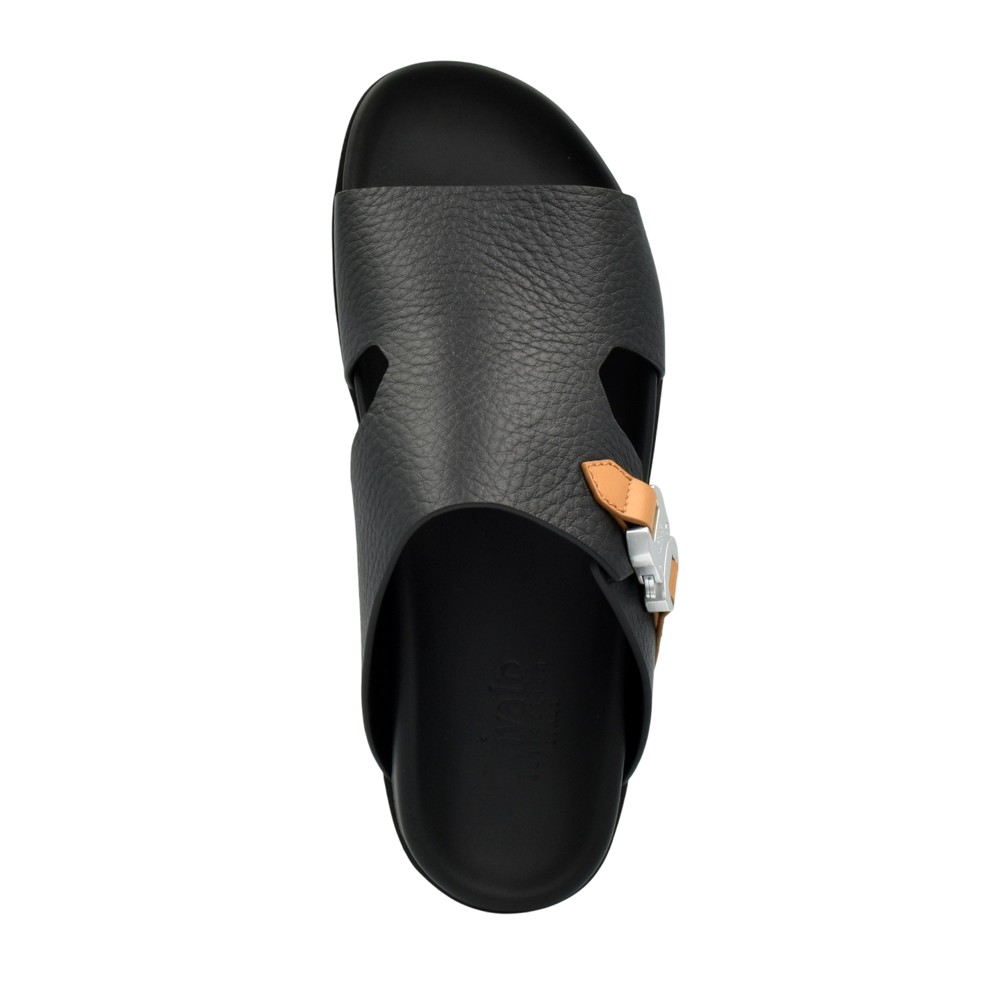 Private Collection black leather deercalf contrast sandal with tan accent and silver buckle
