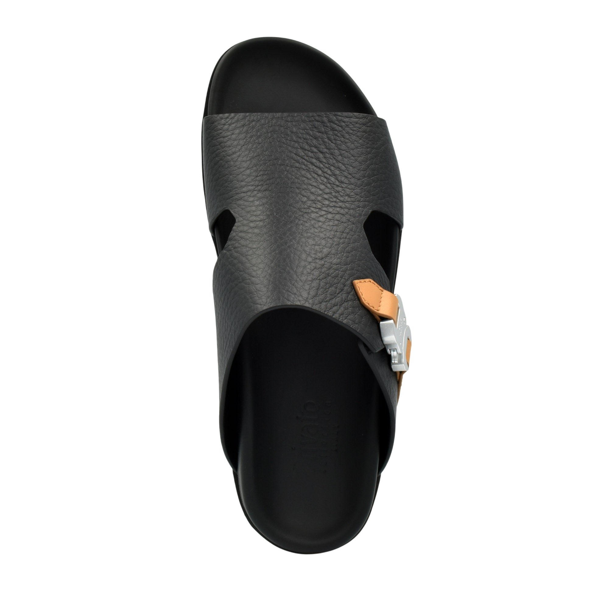 Private Collection black leather deercalf contrast sandal with tan accent and silver buckle