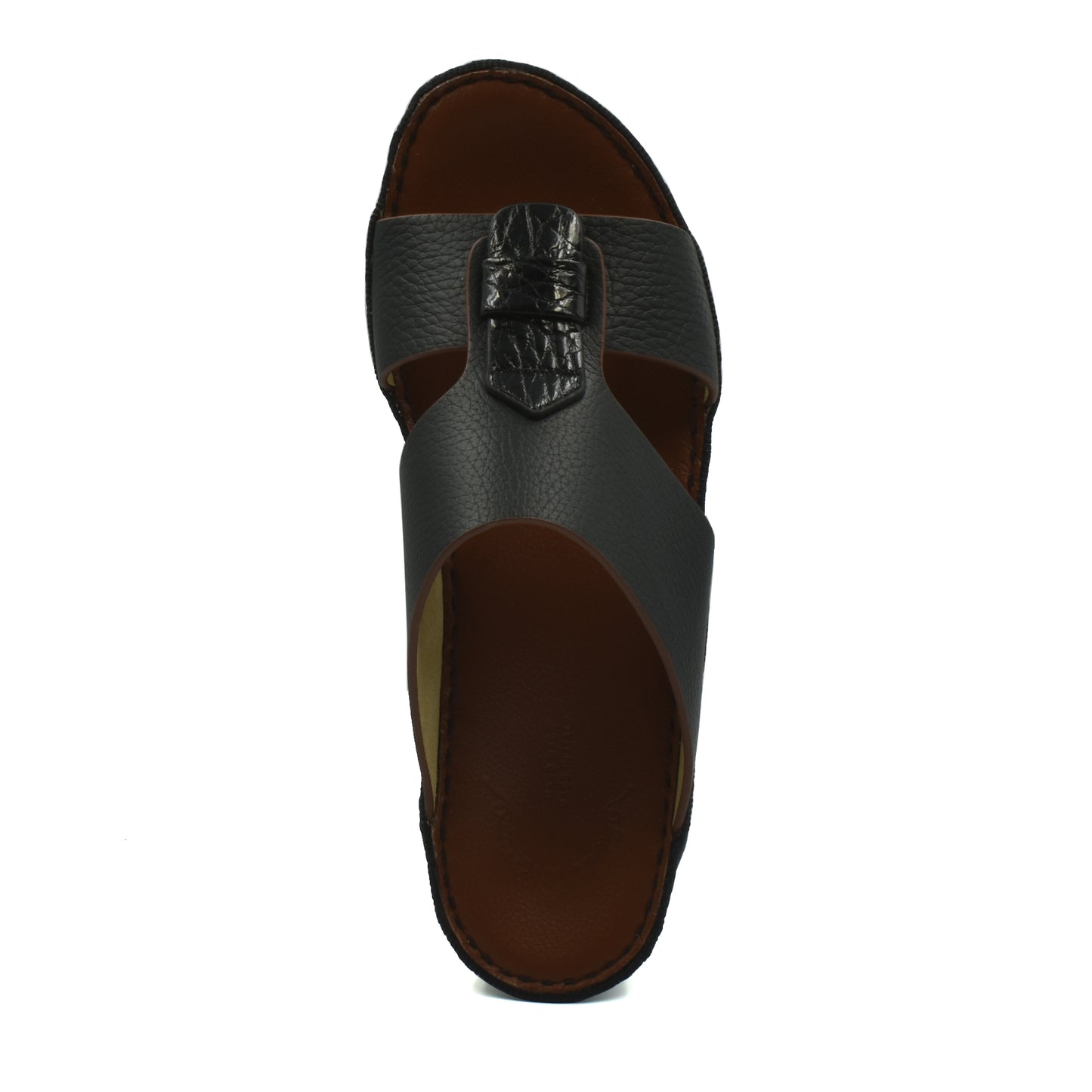 Top view of black Deercalf Croco footwear sandal with textured leather straps and comfortable brown insole