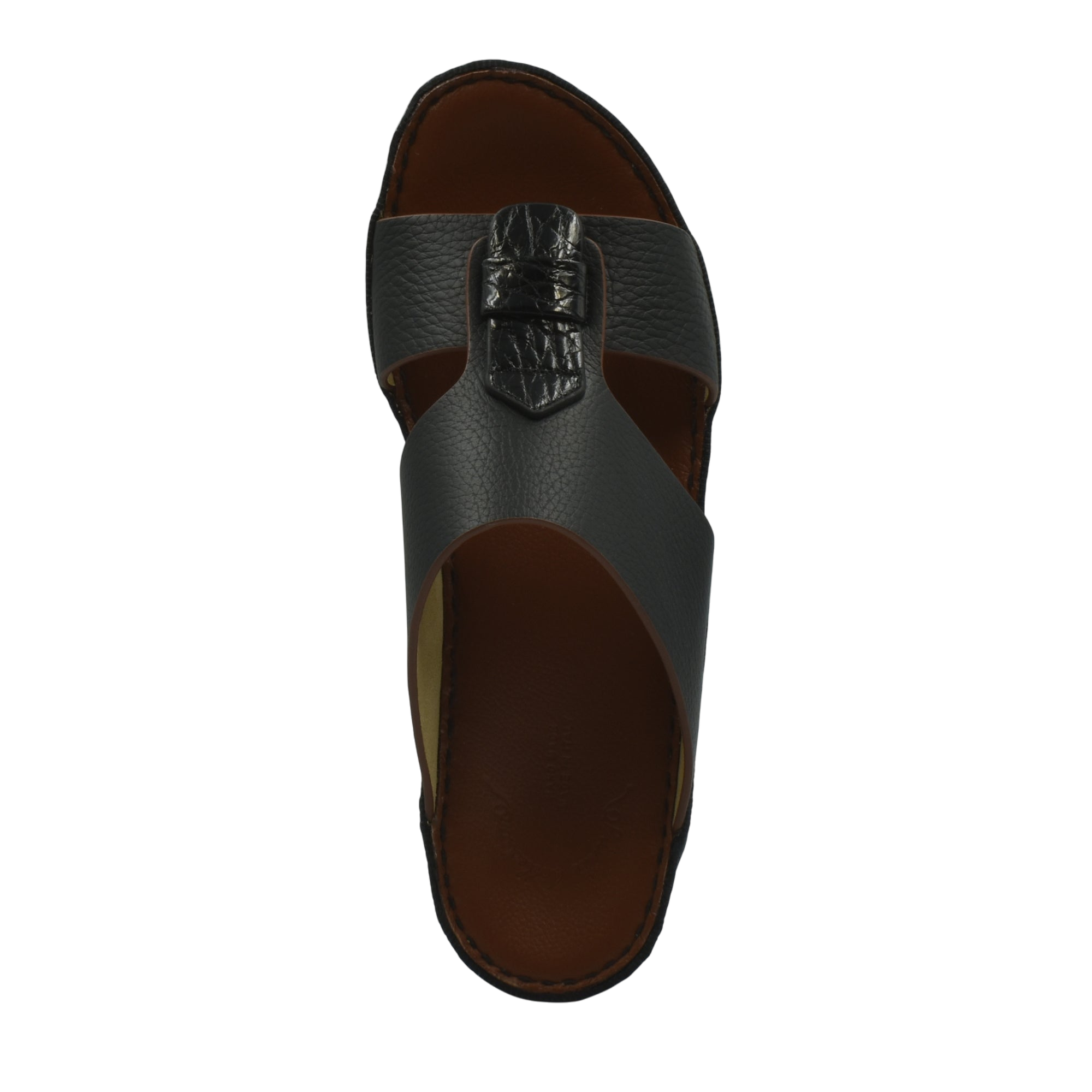 Top view of black Deercalf Croco footwear sandal with textured leather straps and comfortable brown insole