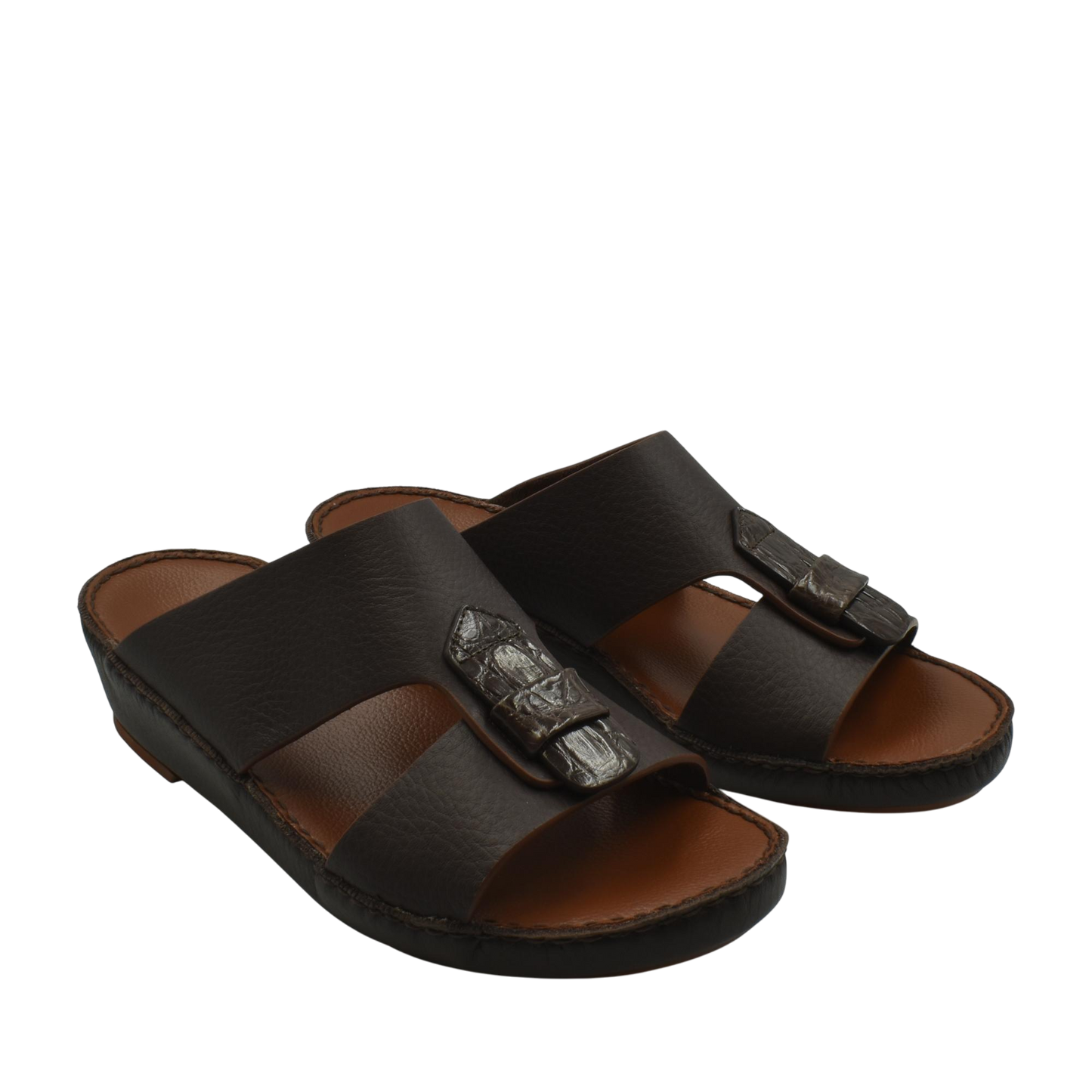 Pair of black Deercalf Croco footwear sandals with croco leather buckle detail from Private collection
