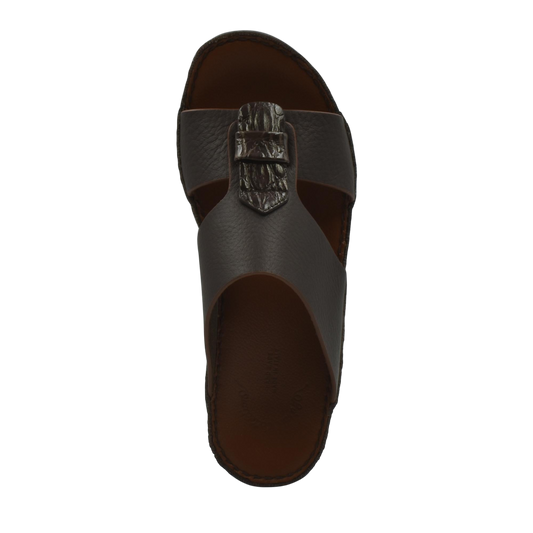 Top view of brown Deercalf Croco footwear sandal with buckle strap from Private collection