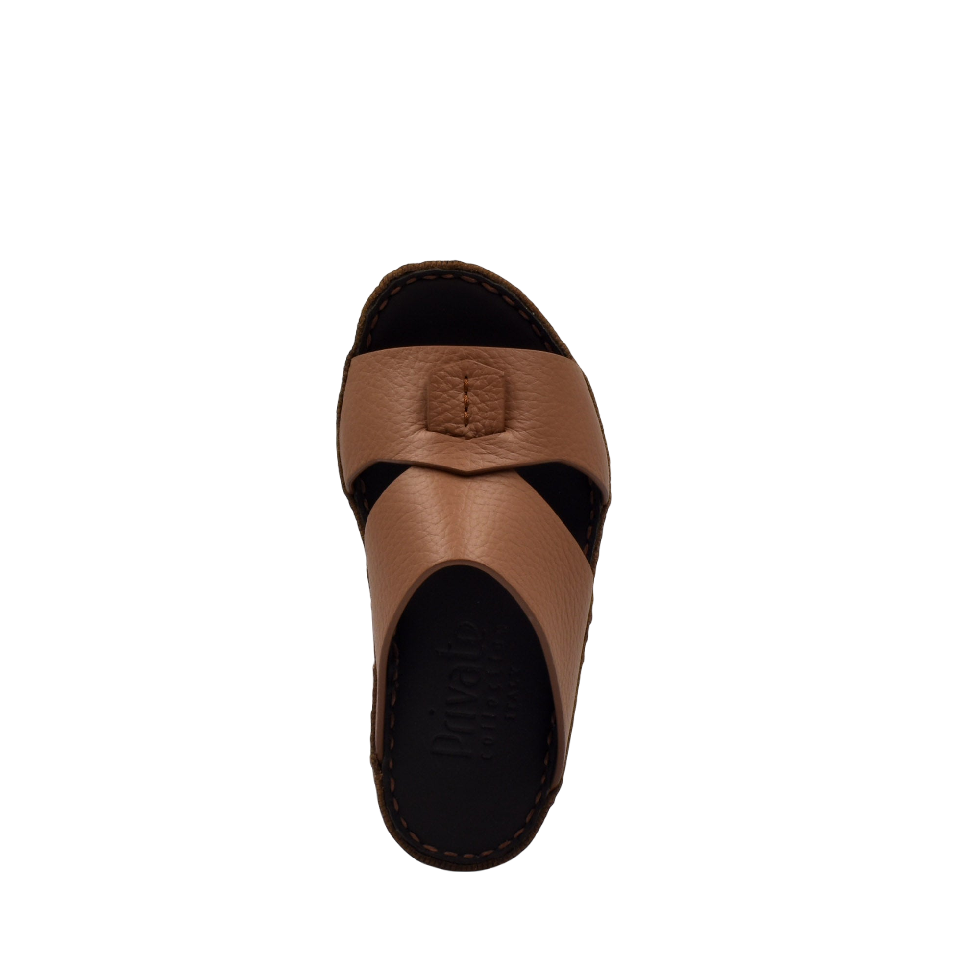 Top view of brown deercalf kids sandals with adjustable strap and stitched sole