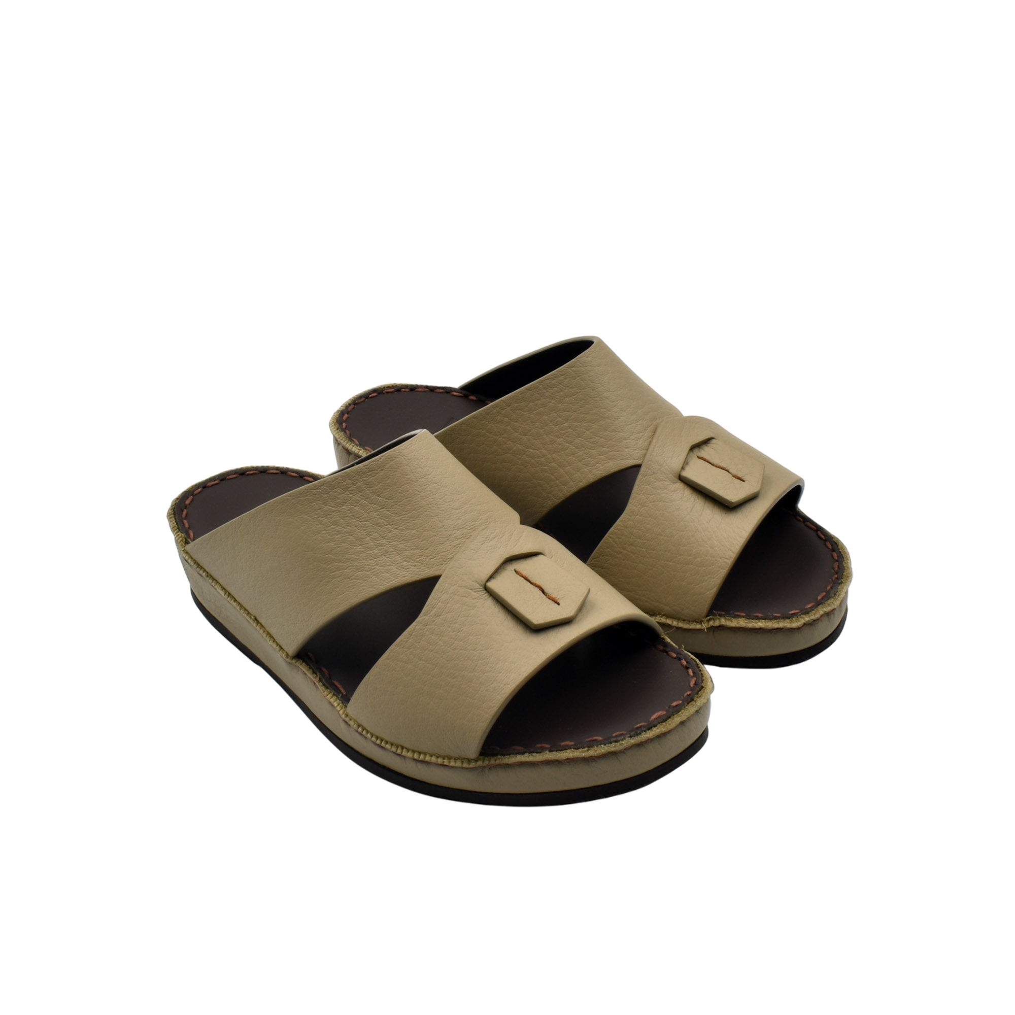 Tan deercalf kids sandals with open toe and adjustable buckle strap on a white background