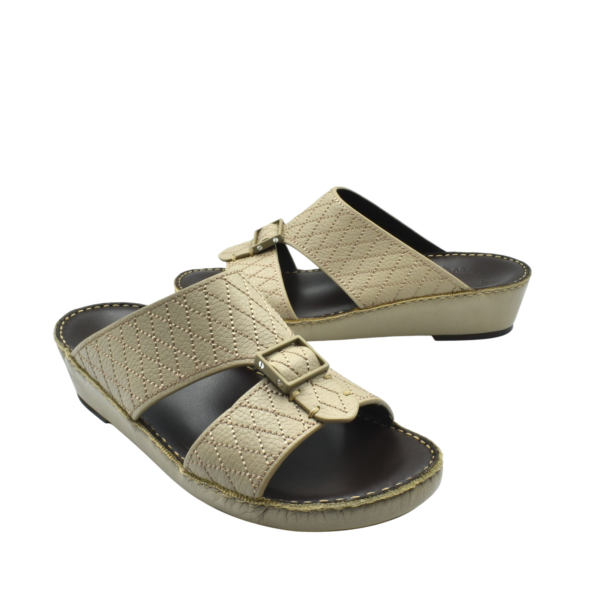 Beige deercalf leather sandals with quilted straps and adjustable buckles for comfort