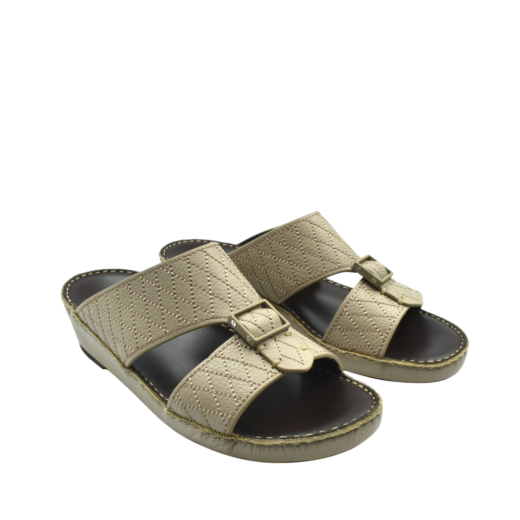 Beige deercalf leather sandals with quilted straps and adjustable buckles for comfortable wear