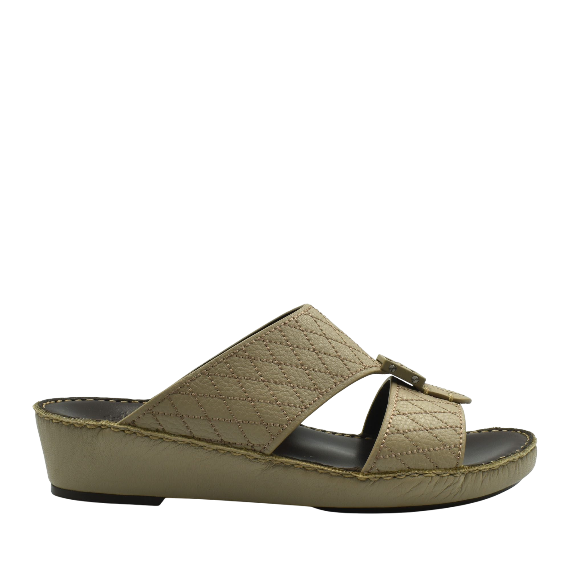 Tan deercalf leather sandals with quilted straps and cushioned sole in a slide-on style