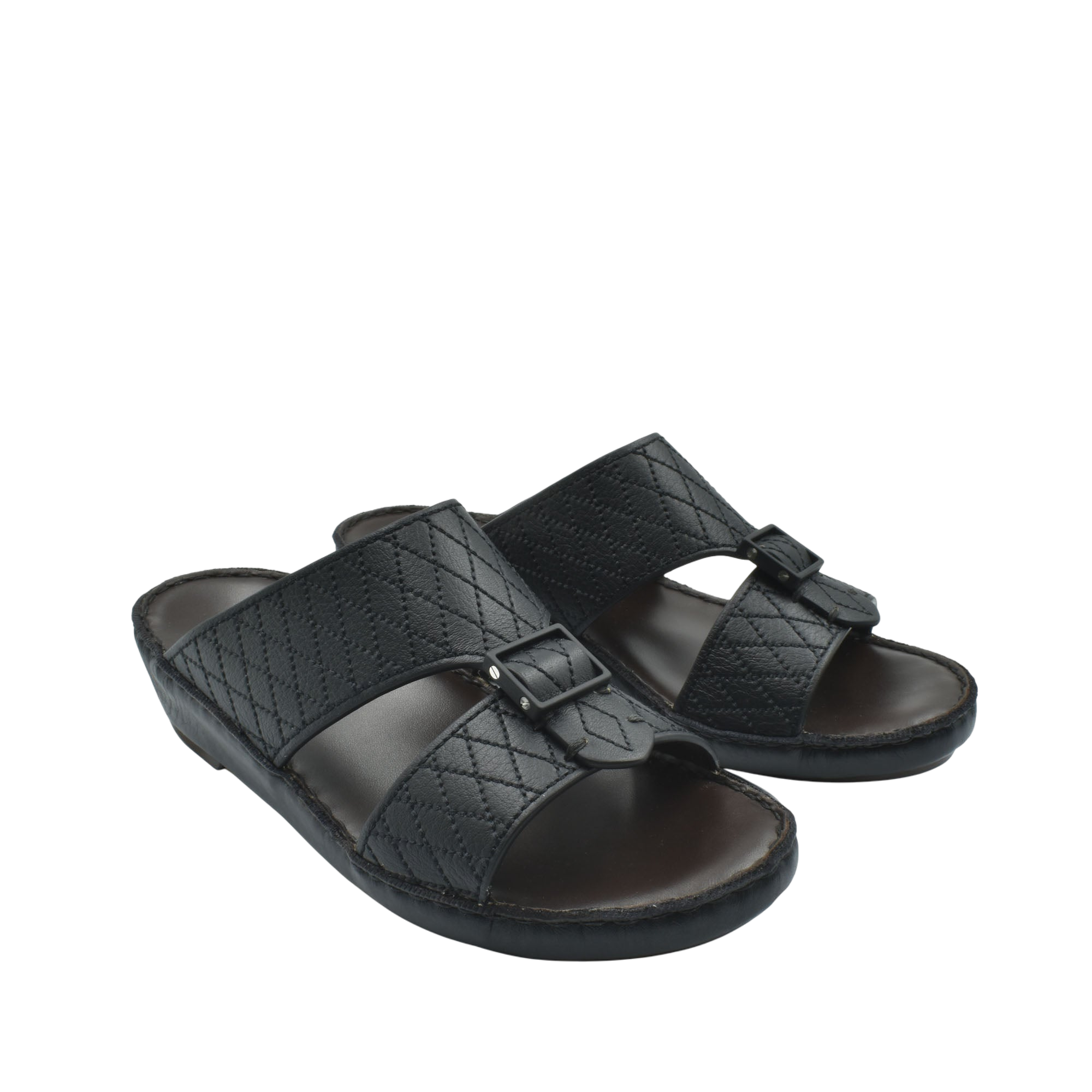 Black deercalf leather sandals with adjustable buckle straps and cushioned soles for comfort
