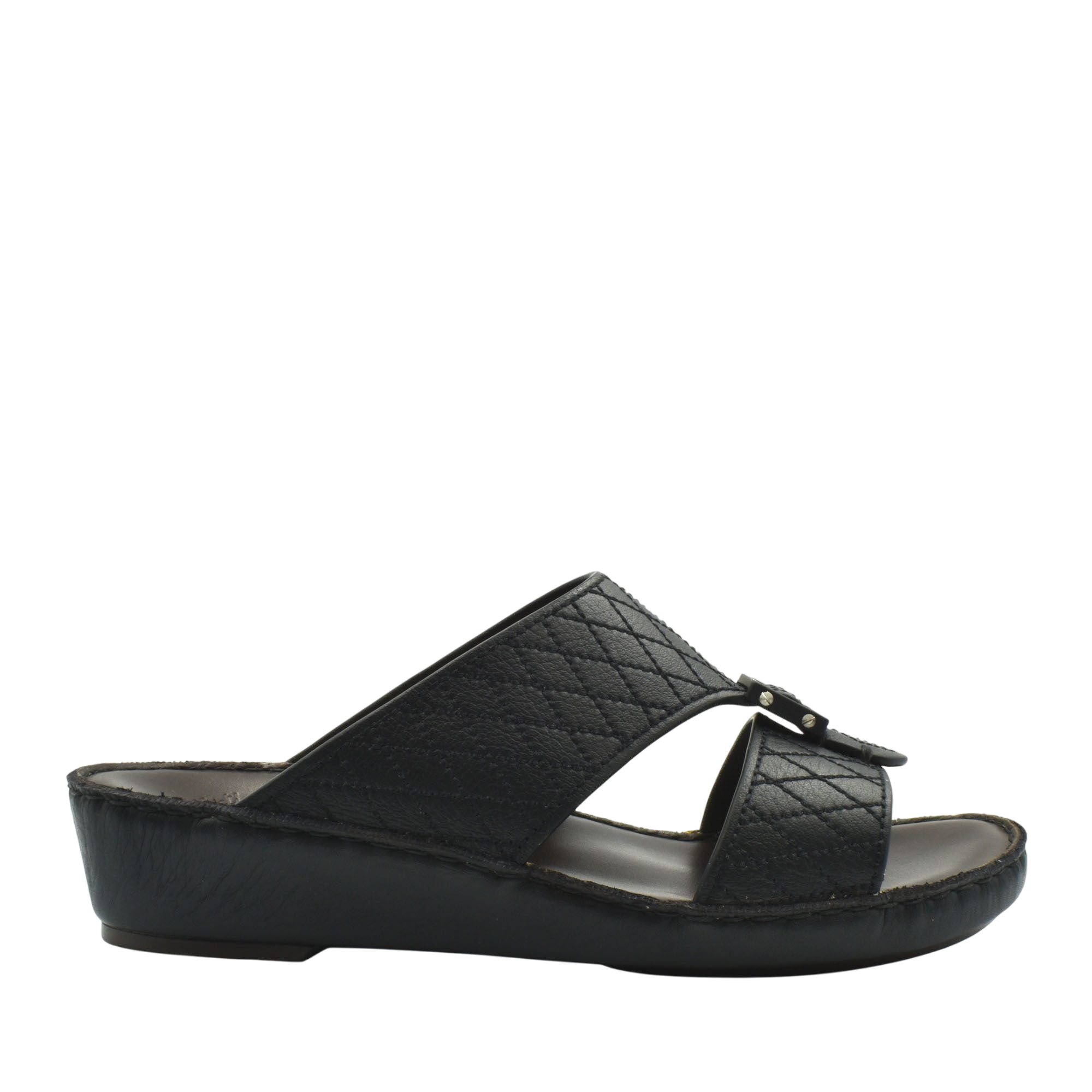 Black deercalf leather sandals with quilted straps and cushioned wedge sole for comfortable wear