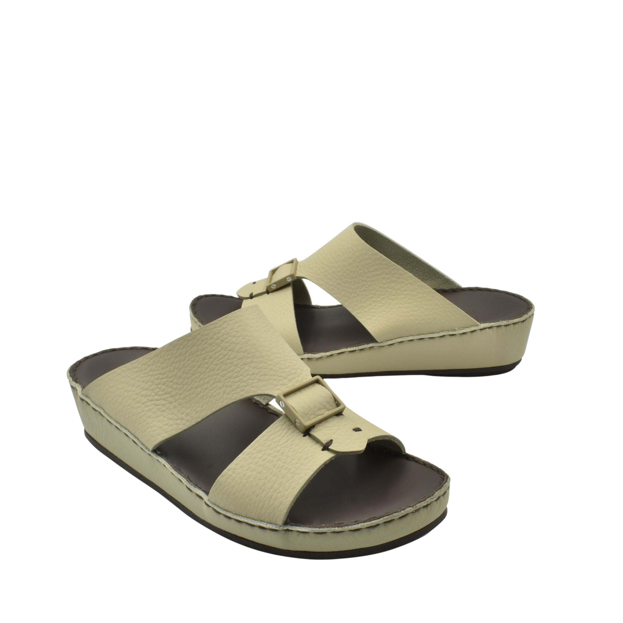 Beige deercalf leather sandals with adjustable buckle straps and cushioned soles for comfort