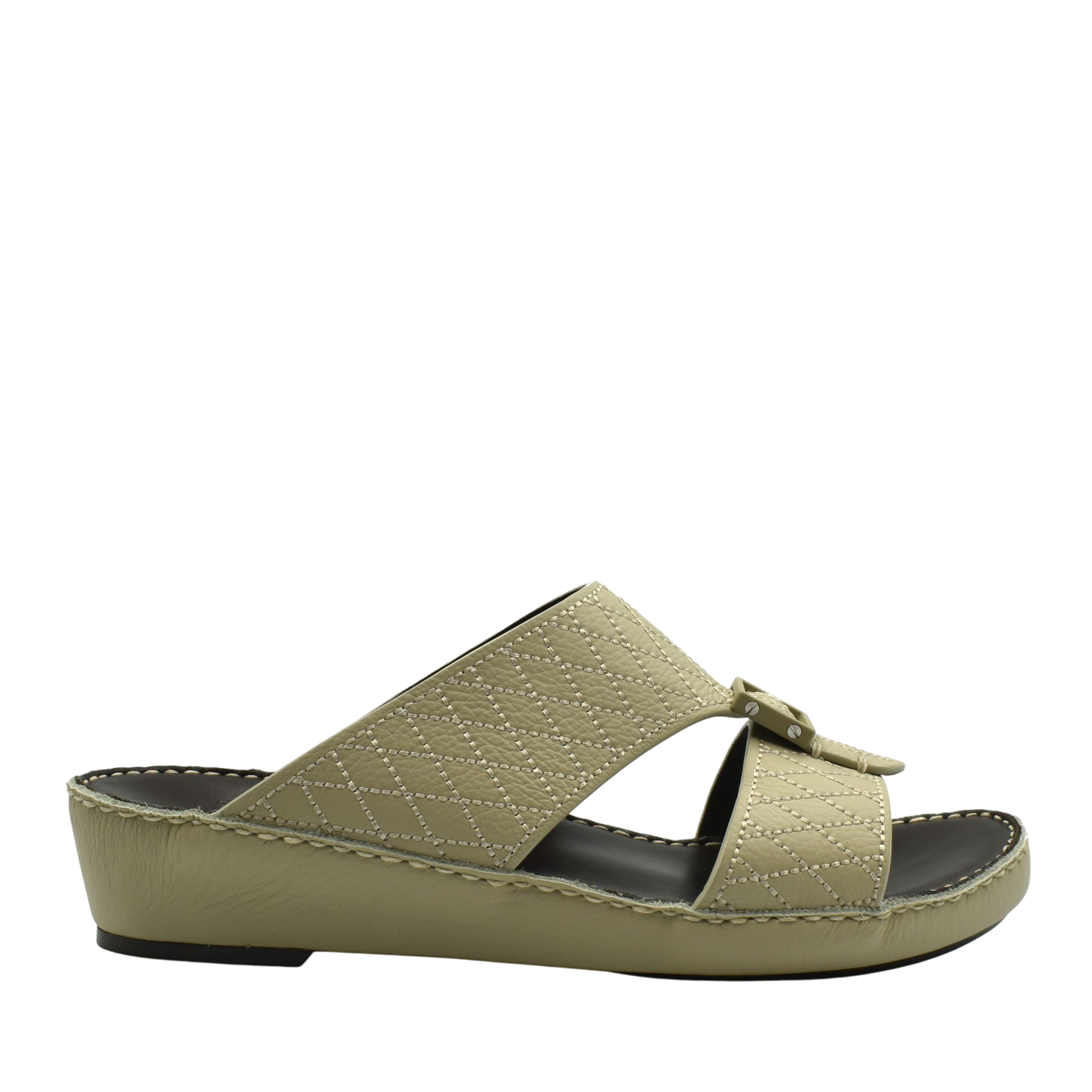 Beige deercalf leather sandals with quilted straps and low wedge sole for comfortable wear