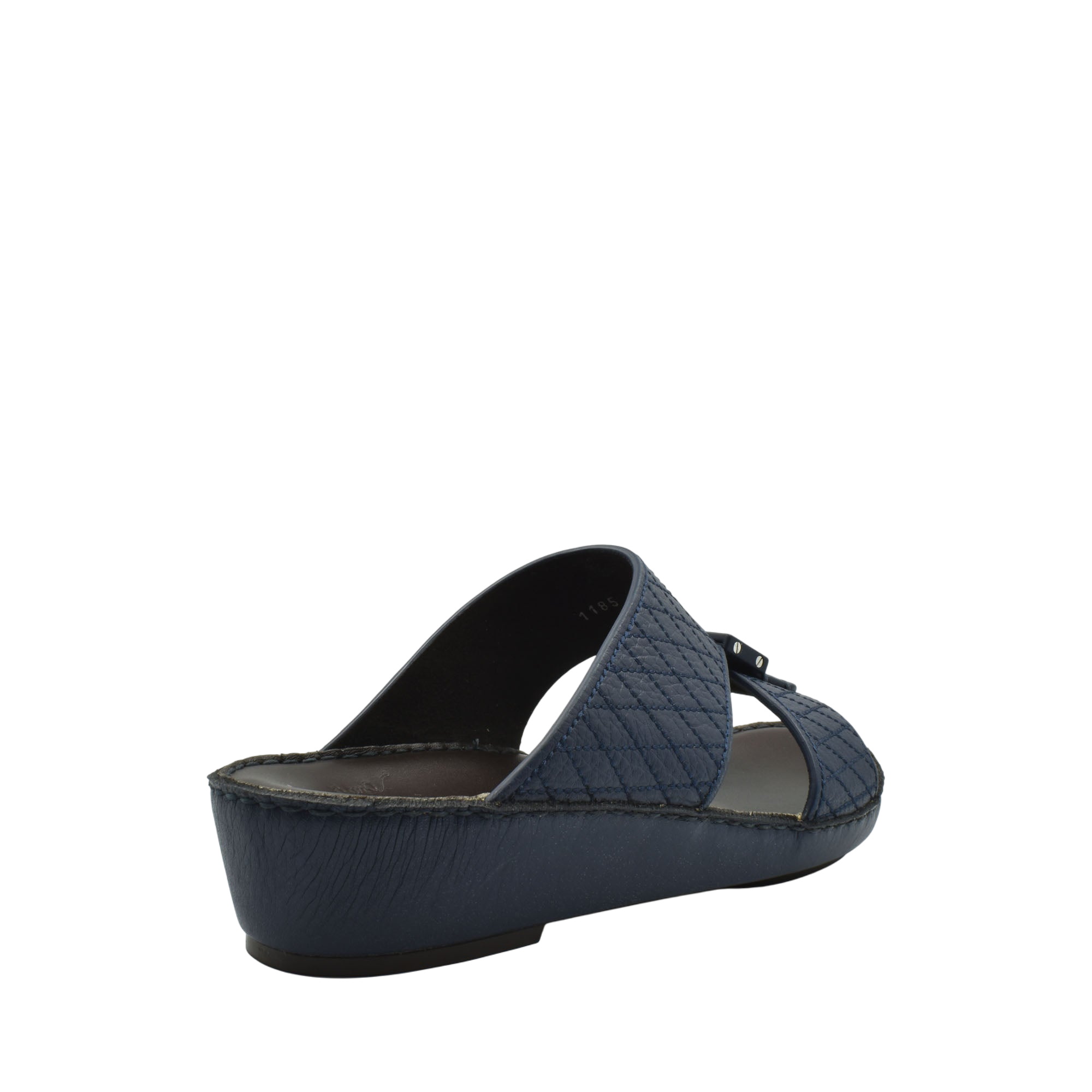 Navy blue deercalf leather sandals with quilted upper and low wedge heel from private collection