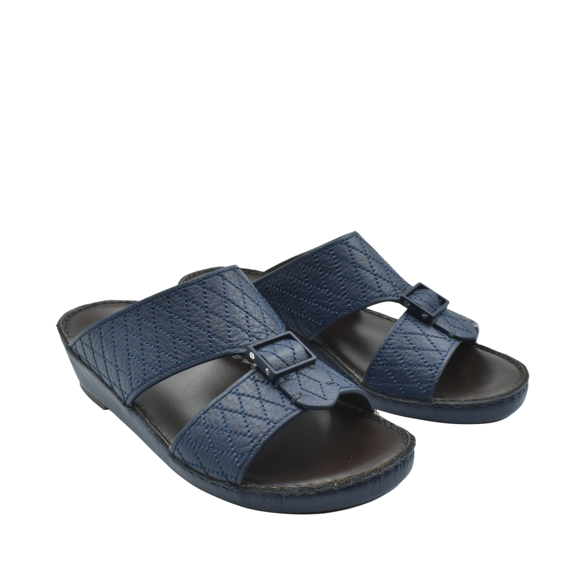 Blue deercalf leather sandals with quilted pattern and adjustable buckle straps from Private Collection