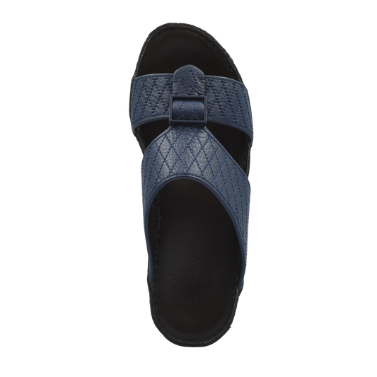 Top view of navy blue deercalf leather sandals with quilted straps and black sole