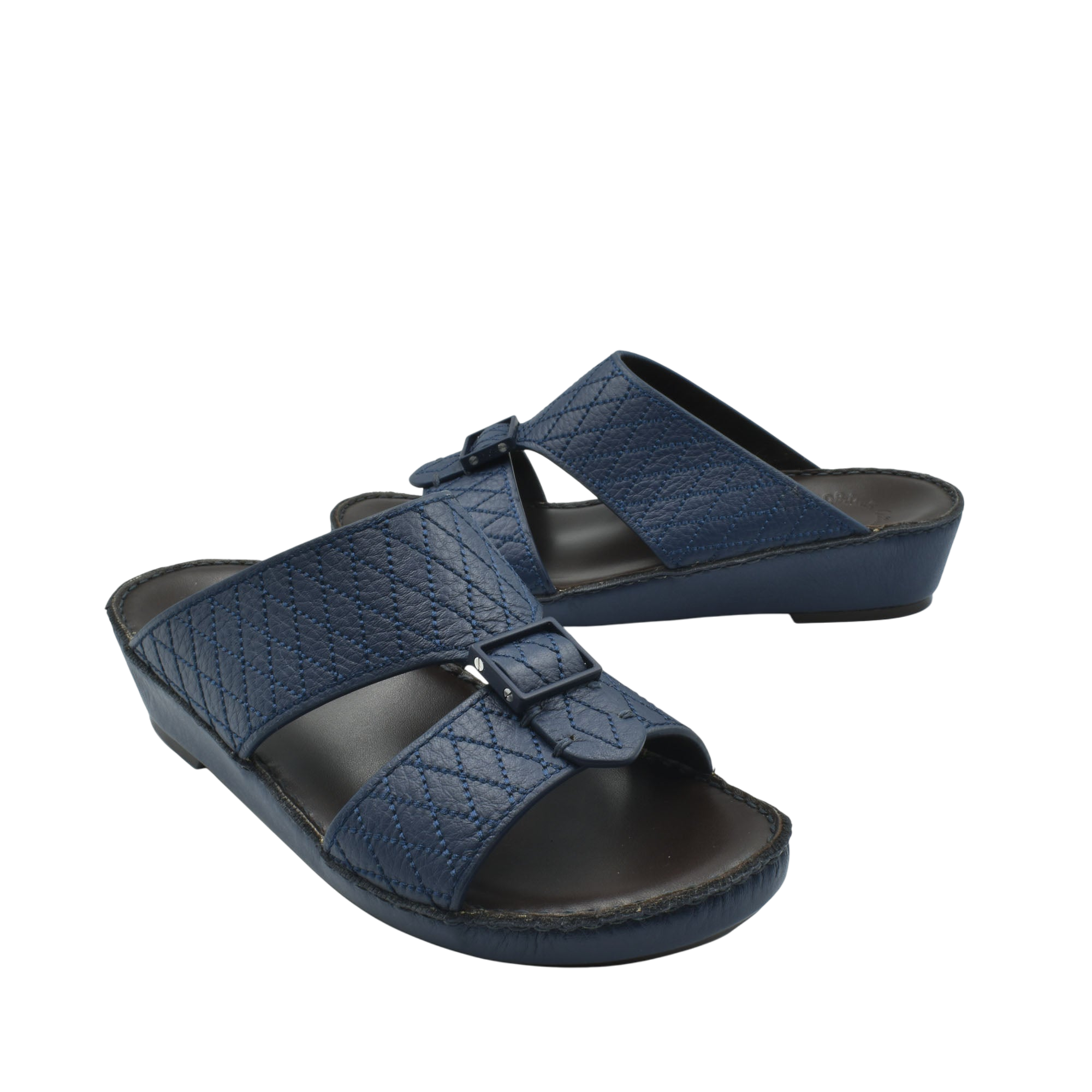 Blue deercalf leather sandals with adjustable buckle straps and cushioned black sole