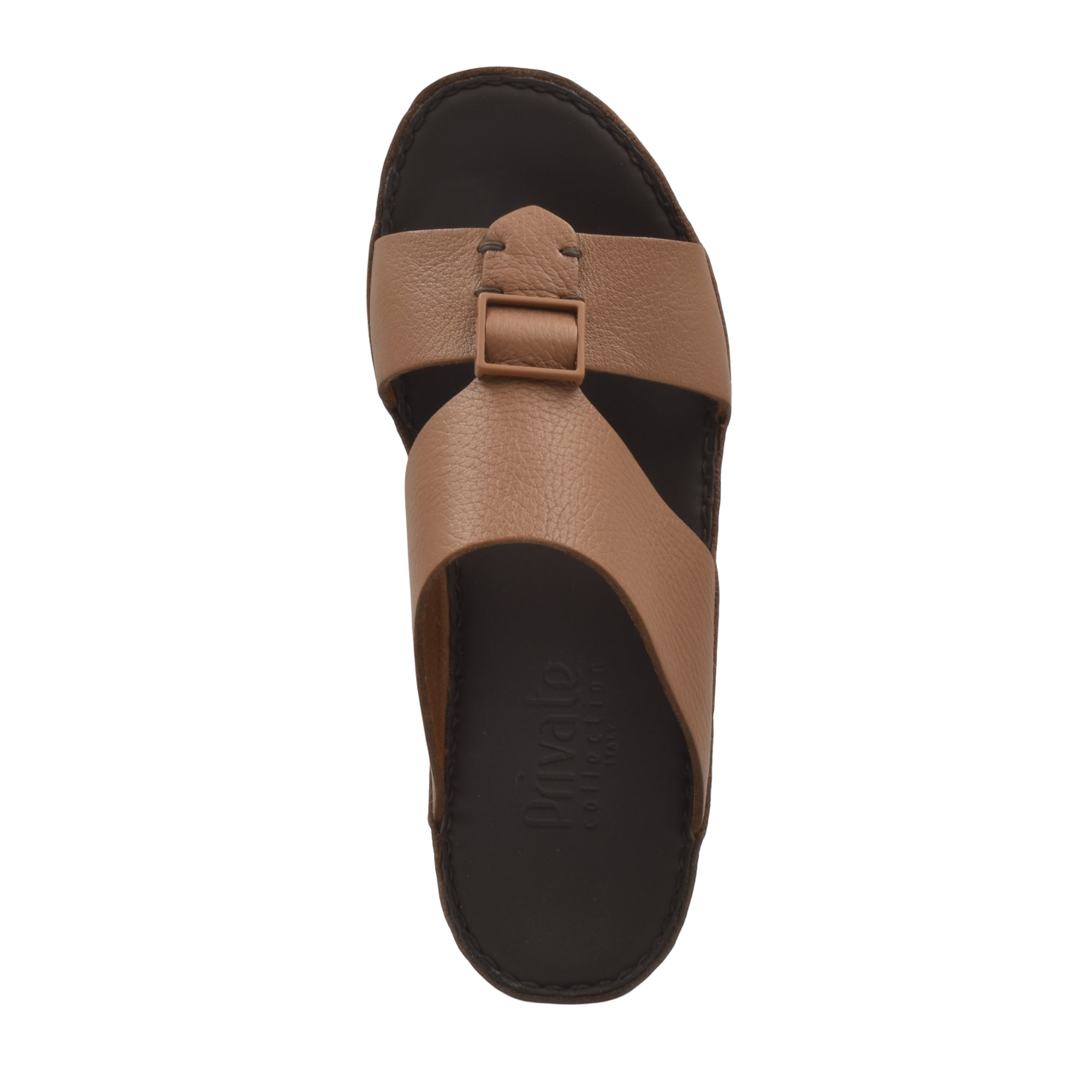 Top view of tan deercalf leather sandals with adjustable buckle strap and black sole
