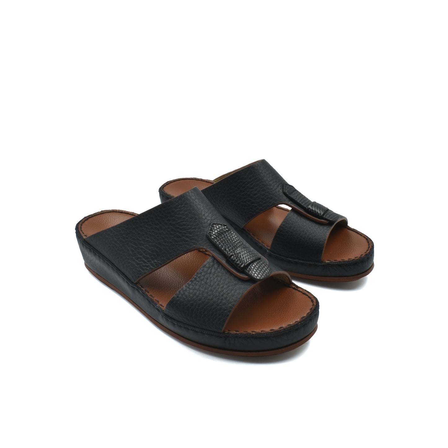 Black deercalf lizard sandals for kids with open toe and textured strap design