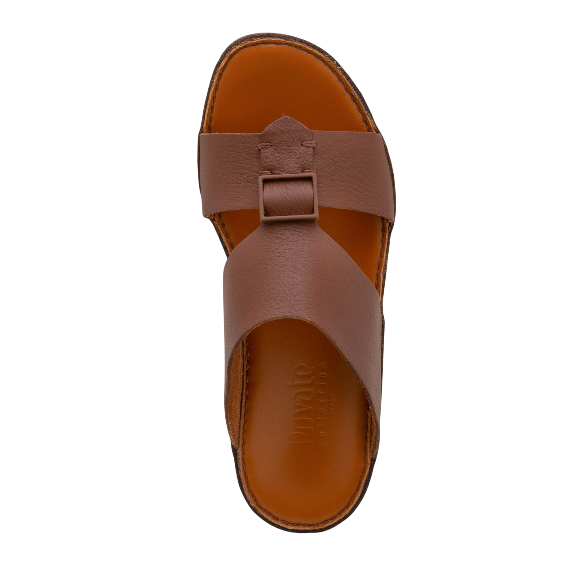 Brown leather comfortable designer slides with buckle detail by Private Collection