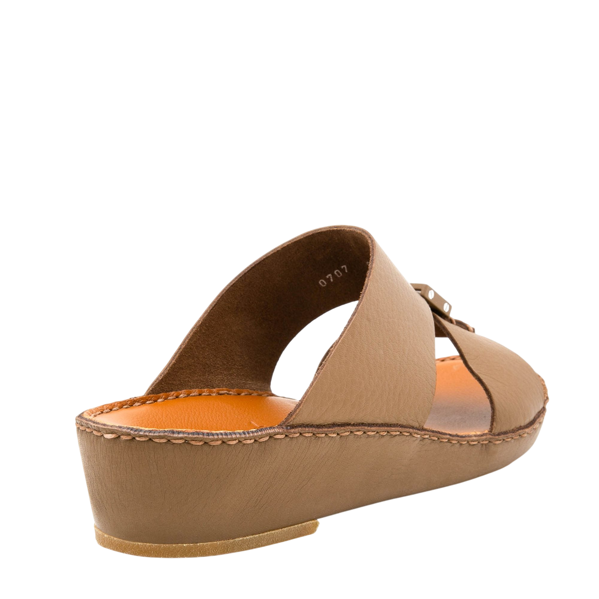 Private Collection comfortable designer slides in tan leather with cushioned footbed and low wedge heel