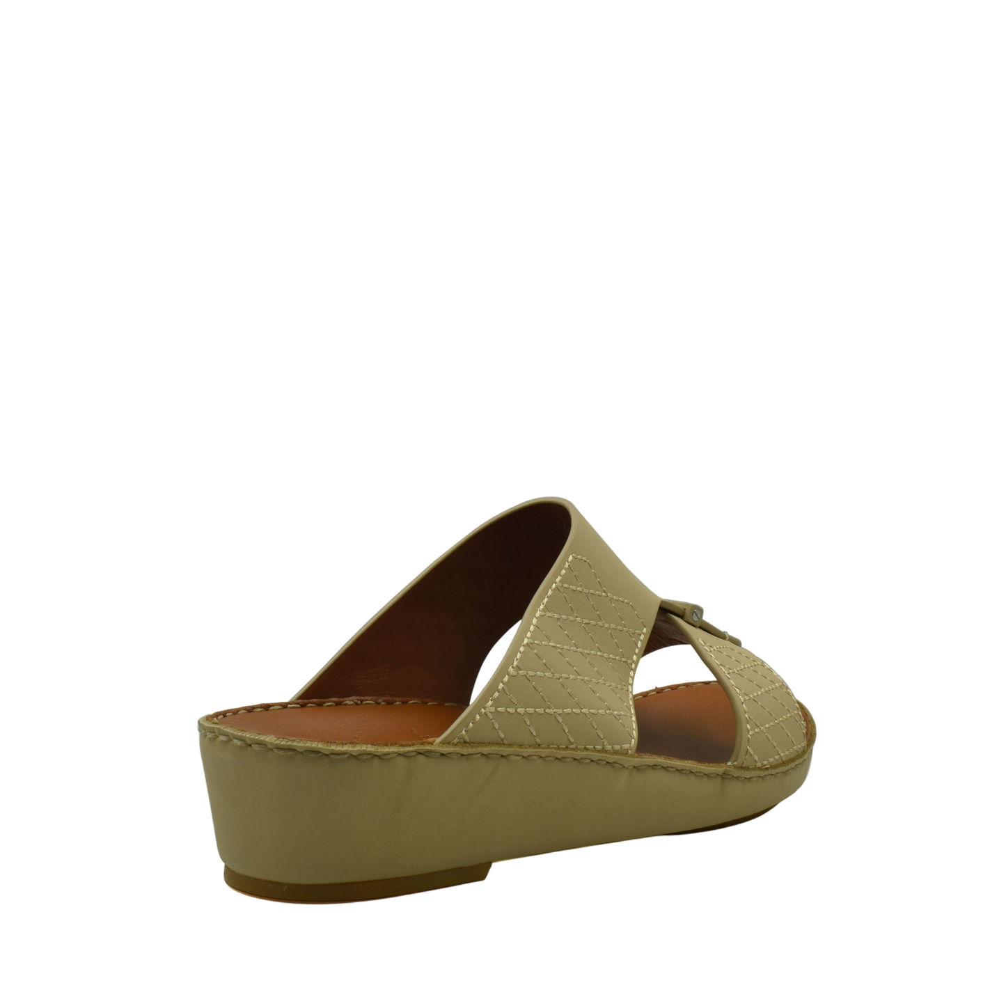 Beige designer leather sandals with cushioned sole and open toe slip-on style