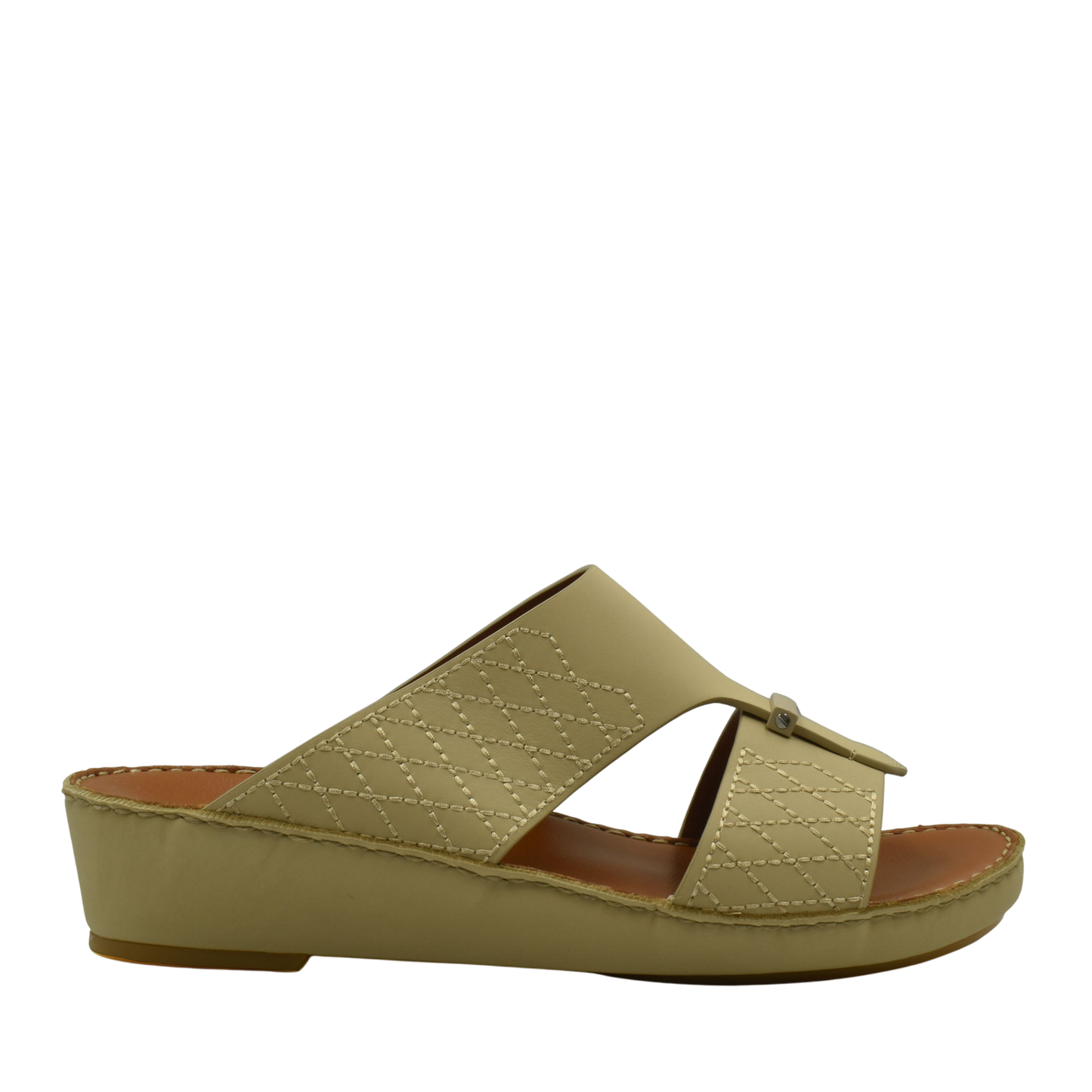 Beige designer leather sandals with quilted stitching and open toe on wedge sole