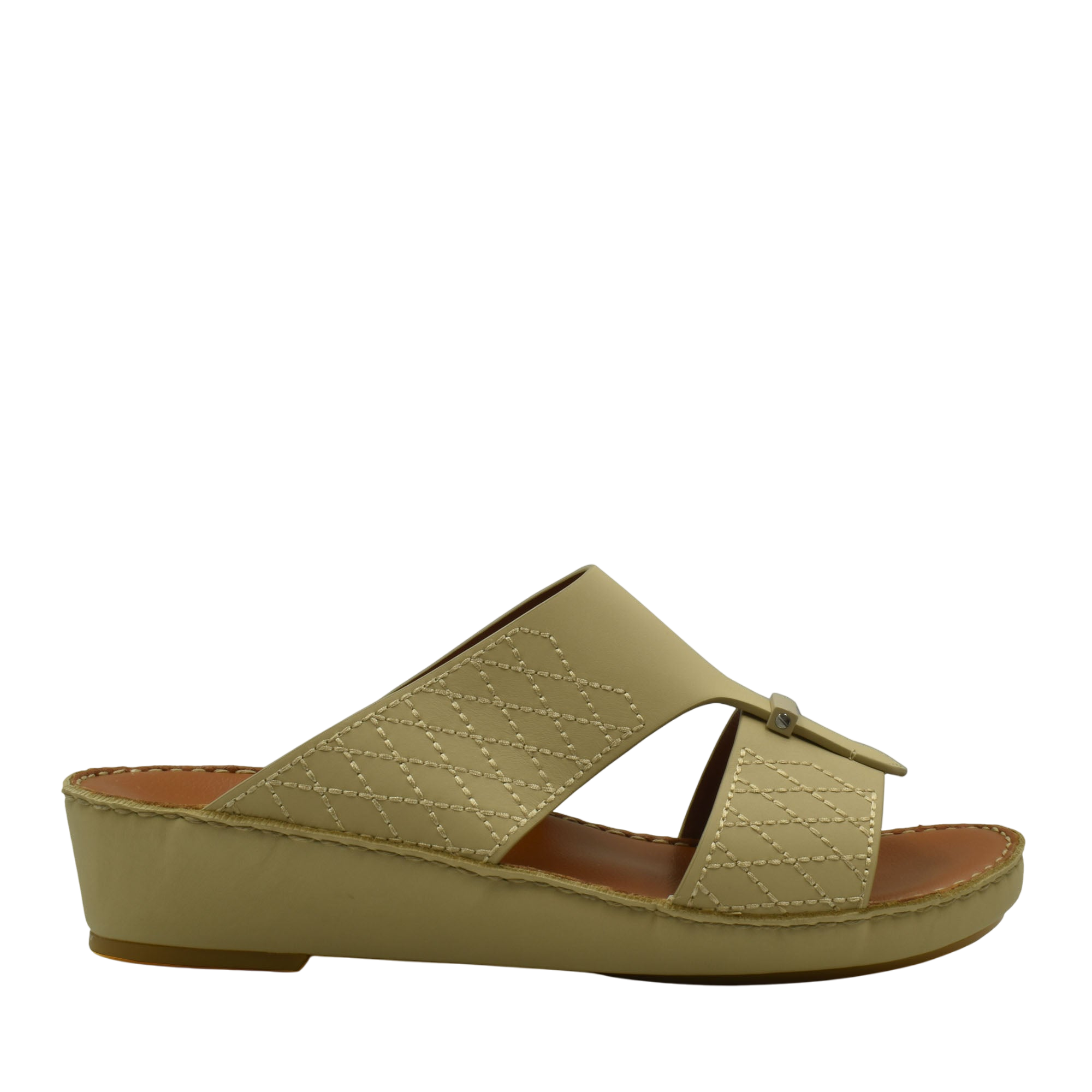 Beige designer leather sandals with quilted stitching and open toe on wedge sole