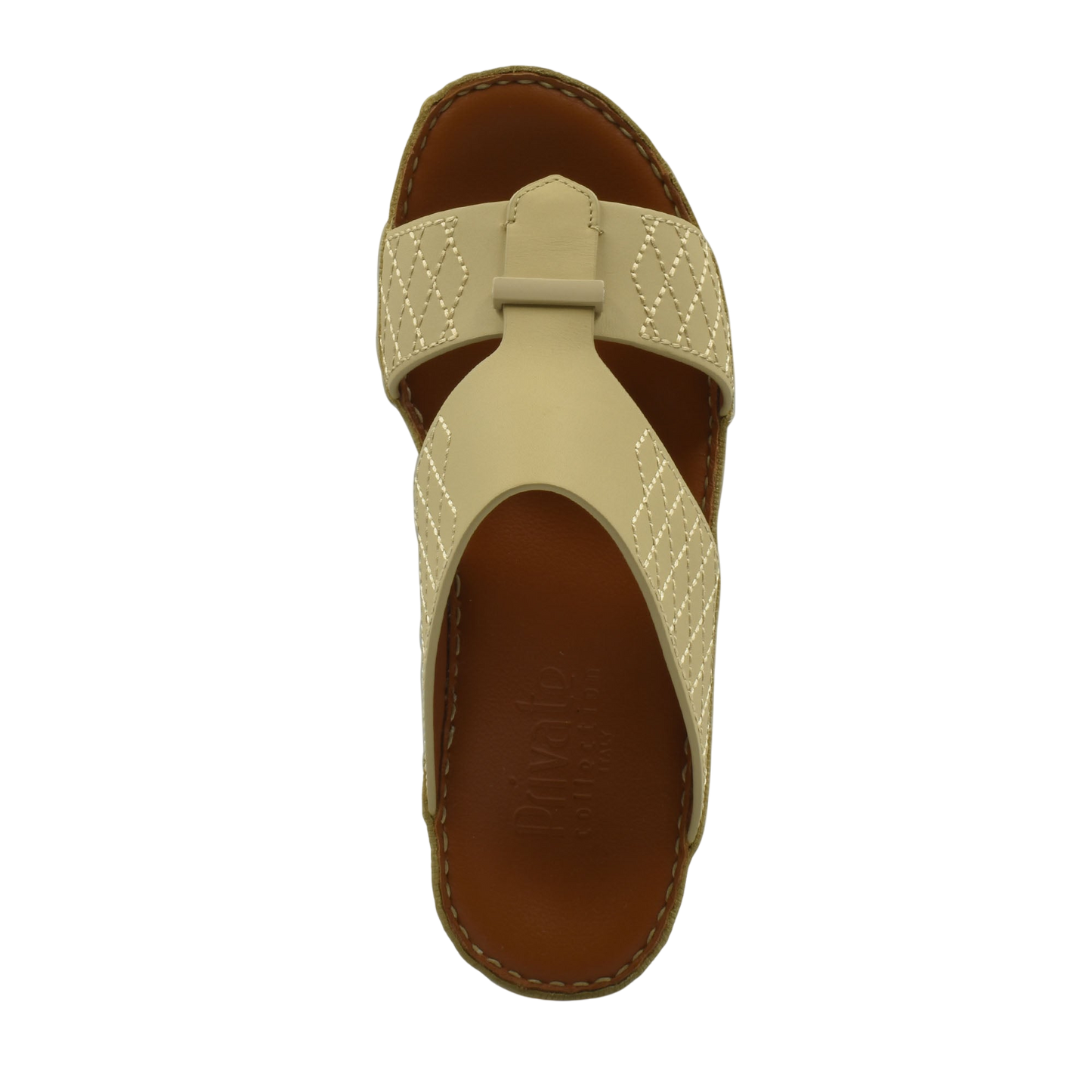 Beige designer leather sandals with stitched straps and cushioned brown sole for comfort