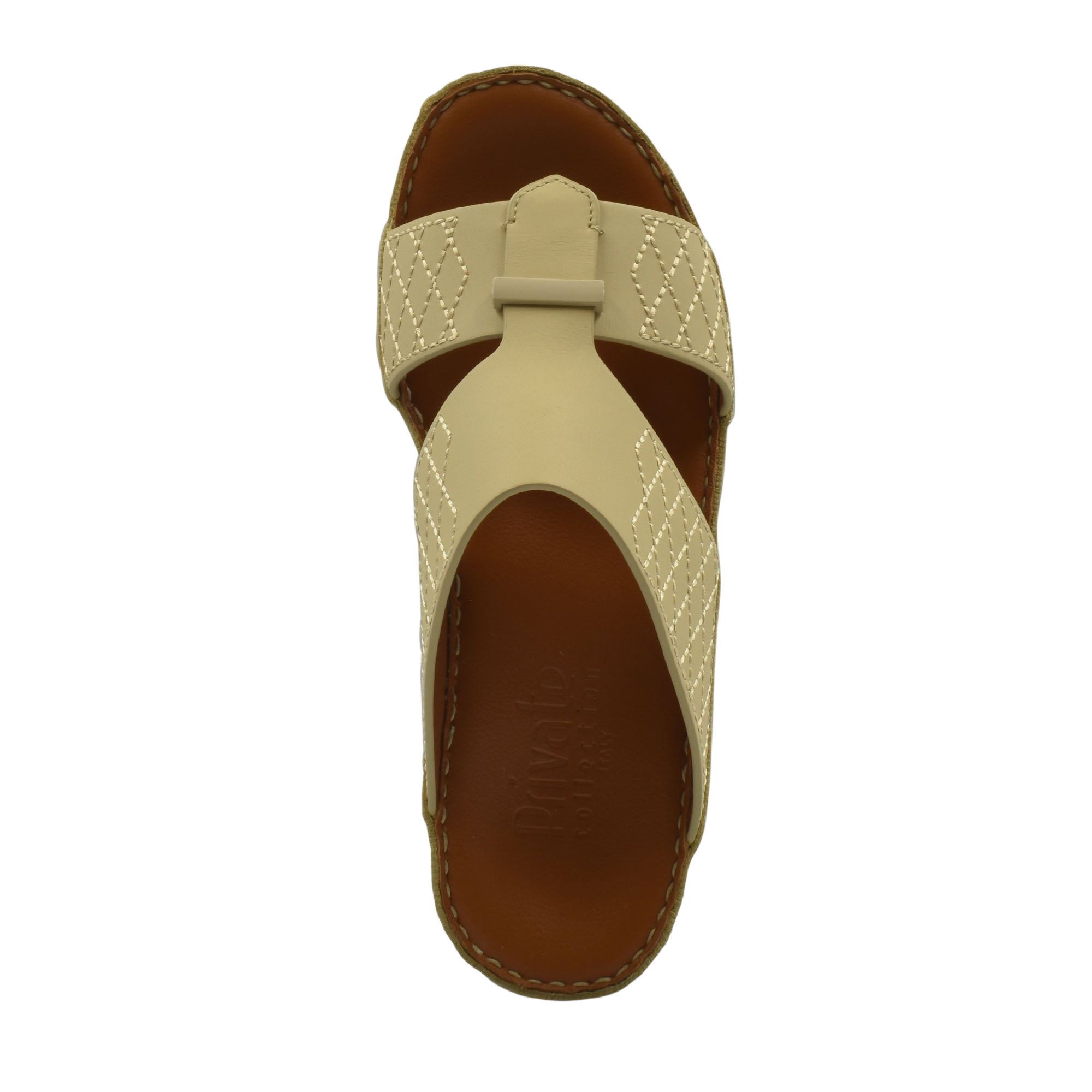 Beige designer leather sandals with stitched straps and cushioned brown sole for comfort