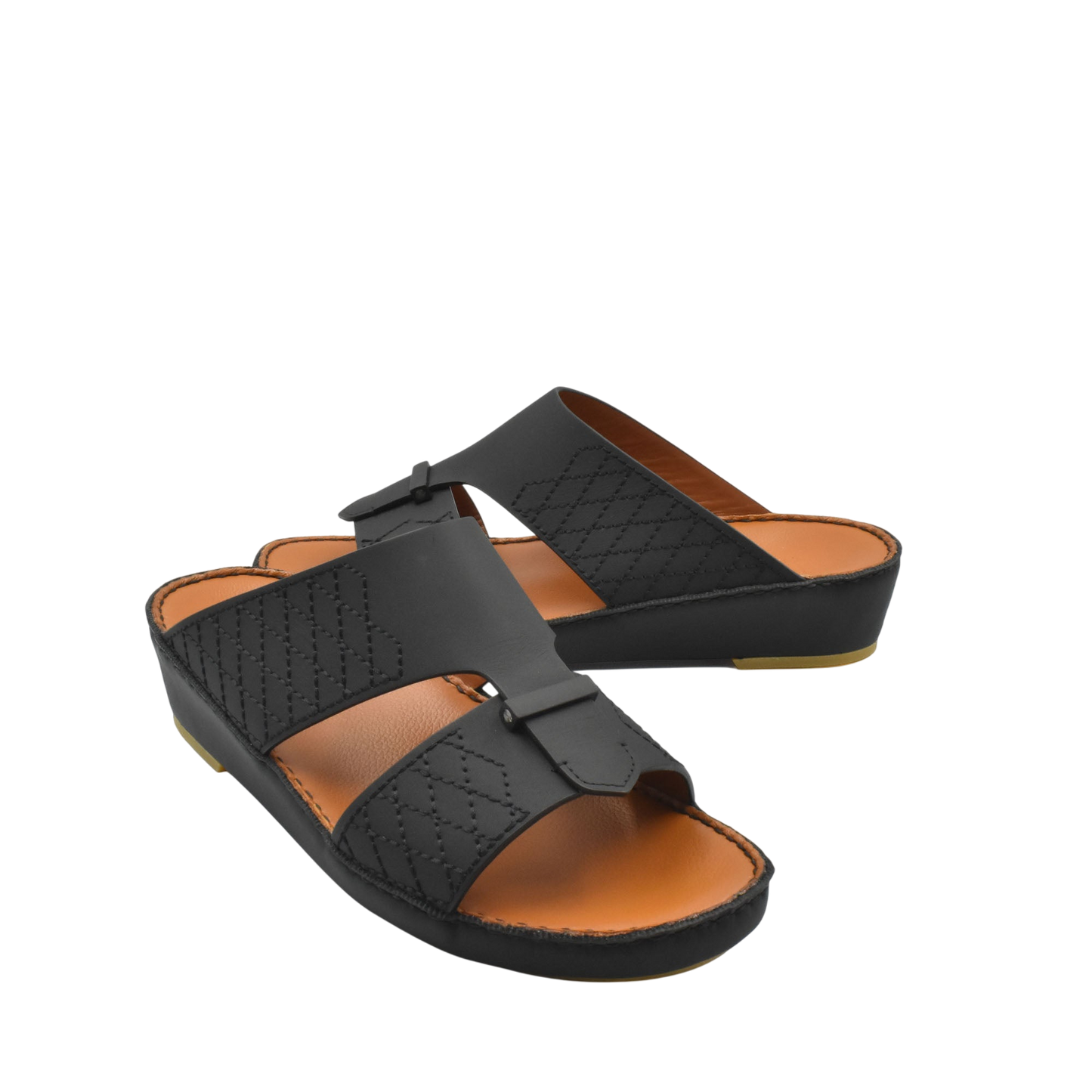 Black designer leather sandals with quilted straps and cushioned tan footbed for comfort