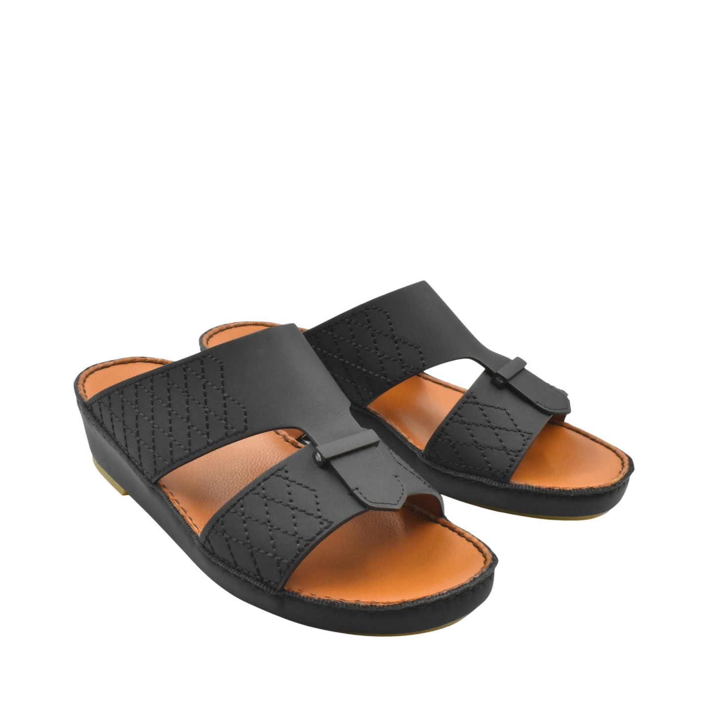 Black designer leather sandals with stitched pattern and comfortable tan footbed for casual wear
