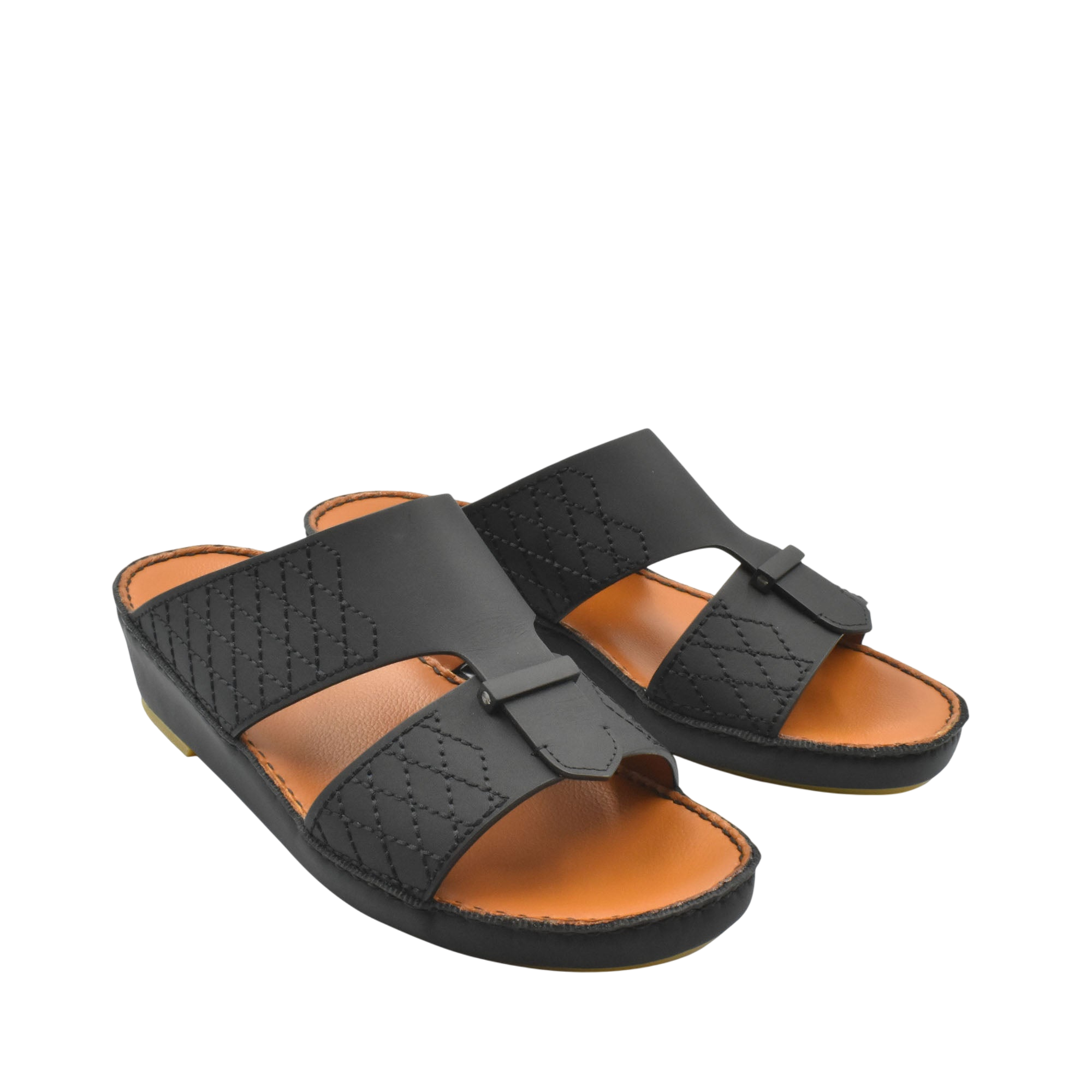 Black designer leather sandals with stitched pattern and comfortable tan footbed for casual wear