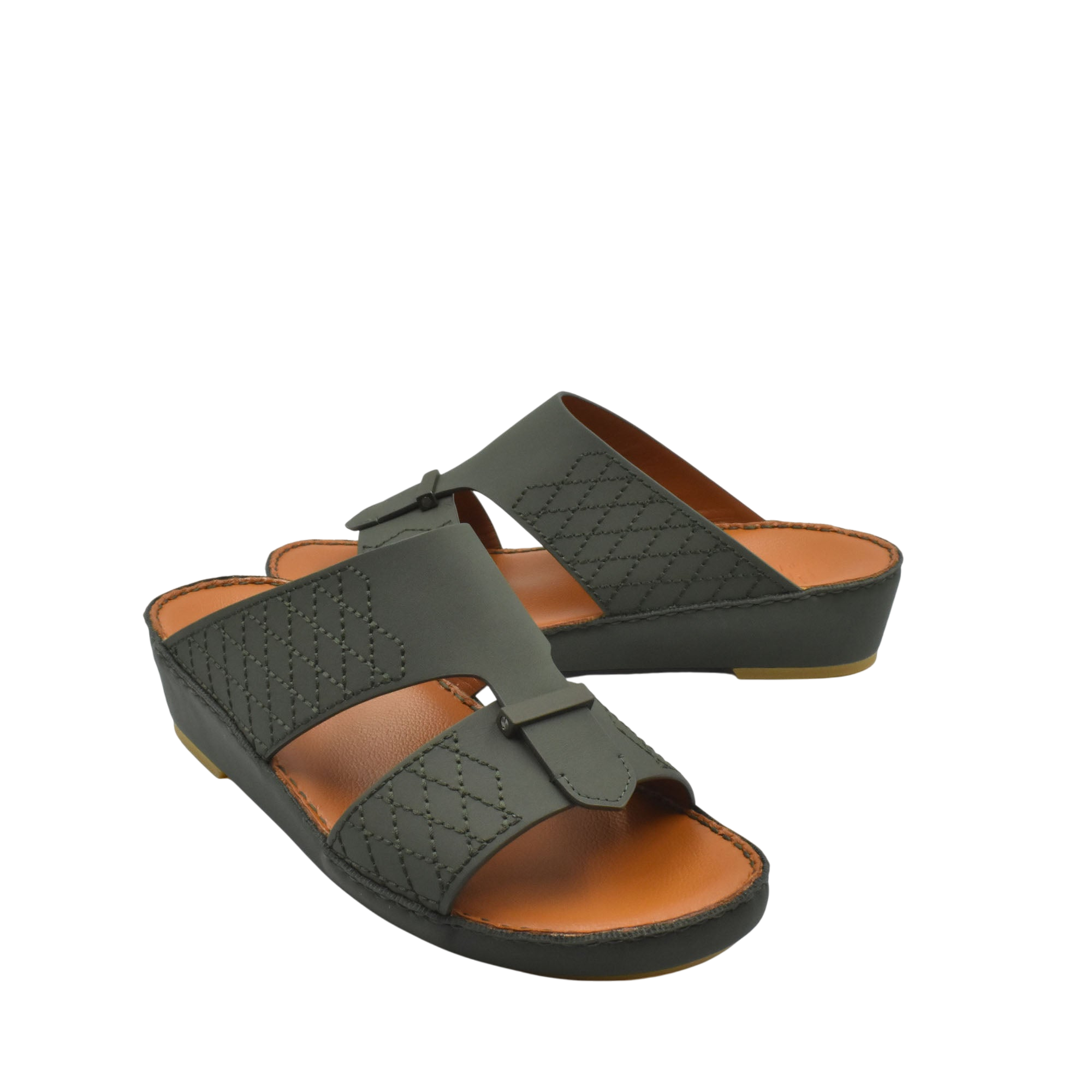 Black designer leather sandals with cushioned brown footbed and stitched detailing