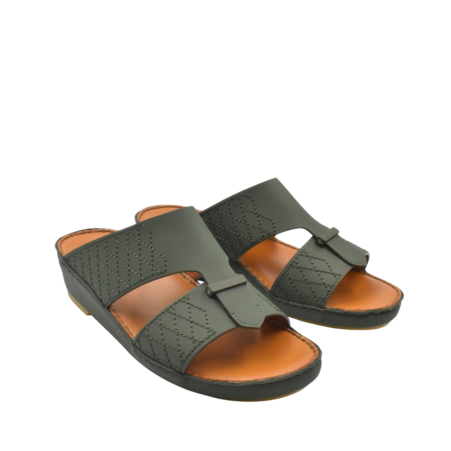 Pair of designer leather sandals in dark green with stitched detailing and tan cushioned footbed