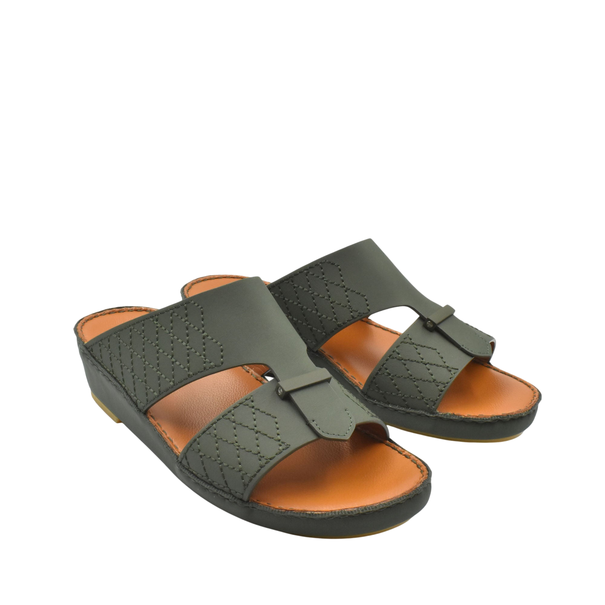 Pair of designer leather sandals in dark green with stitched detailing and tan cushioned footbed